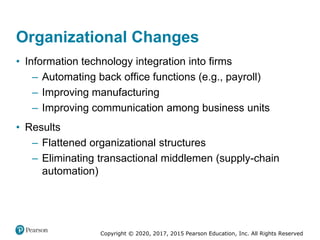Copyright © 2020, 2017, 2015 Pearson Education, Inc. All Rights Reserved
• Information technology integration into firms
– Automating back office functions (e.g., payroll)
– Improving manufacturing
– Improving communication among business units
• Results
– Flattened organizational structures
– Eliminating transactional middlemen (supply-chain
automation)
Organizational Changes
 