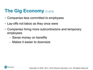 Copyright © 2020, 2017, 2015 Pearson Education, Inc. All Rights Reserved
• Companies less committed to employees
• Lay-offs not taboo as they once were
• Companies hiring more subcontractors and temporary
employees
– Saves money on benefits
– Makes it easier to downsize
The Gig Economy (1 of 3)
 