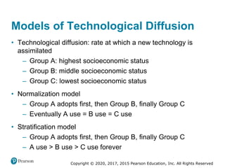 Copyright © 2020, 2017, 2015 Pearson Education, Inc. All Rights Reserved
• Technological diffusion: rate at which a new technology is
assimilated
– Group A: highest socioeconomic status
– Group B: middle socioeconomic status
– Group C: lowest socioeconomic status
• Normalization model
– Group A adopts first, then Group B, finally Group C
– Eventually A use = B use = C use
• Stratification model
– Group A adopts first, then Group B, finally Group C
– A use > B use > C use forever
Models of Technological Diffusion
 