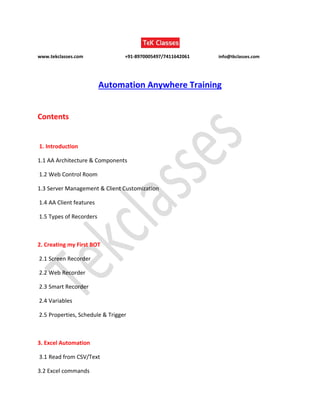 Automation anywhere training in bangalore course circulum PDF