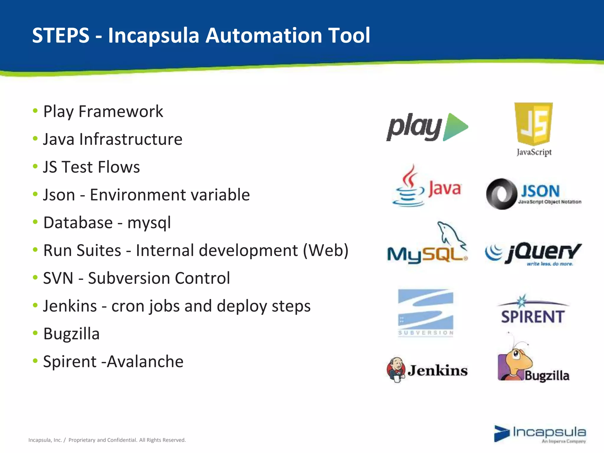 STEPS - Incapsula Automation Tool 
• Play Framework 
• Java Infrastructure 
• JS Test Flows 
• Json - Environment variable 
• Database - mysql 
• Run Suites - Internal development (Web) 
• SVN - Subversion Control 
• Jenkins - cron jobs and deploy steps 
• Bugzilla 
• Spirent -Avalanche 
Incapsula, Inc. / Proprietary and Confidential. All Rights Reserved. 
 