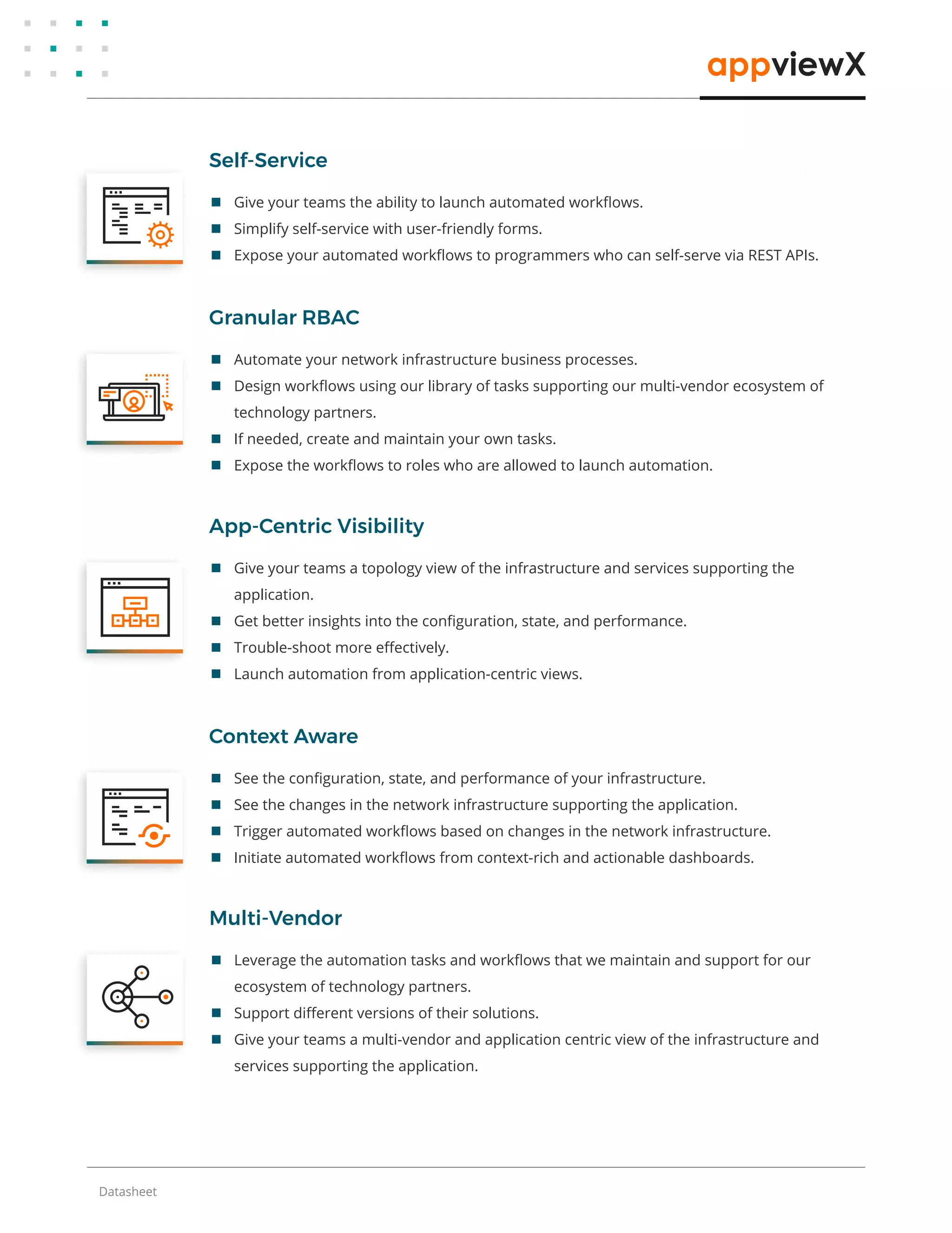  Give your teams the ability to launch automated workﬂows.
 Simplify self-service with user-friendly forms.
 Expose your automated workﬂows to programmers who can self-serve via REST APIs.
Self-Service
 Automate your network infrastructure business processes.
 Design workﬂows using our library of tasks supporting our multi-vendor ecosystem of
technology partners.
 If needed, create and maintain your own tasks.
 Expose the workﬂows to roles who are allowed to launch automation.
Granular RBAC
 Give your teams a topology view of the infrastructure and services supporting the
application.
 Get better insights into the conﬁguration, state, and performance.
 Trouble-shoot more eﬀectively.
 Launch automation from application-centric views.
App-Centric Visibility
 See the conﬁguration, state, and performance of your infrastructure.
 See the changes in the network infrastructure supporting the application.
 Trigger automated workﬂows based on changes in the network infrastructure.
 Initiate automated workﬂows from context-rich and actionable dashboards.
Context Aware
 Leverage the automation tasks and workﬂows that we maintain and support for our
ecosystem of technology partners.
 Support diﬀerent versions of their solutions.
 Give your teams a multi-vendor and application centric view of the infrastructure and
services supporting the application.
Multi-Vendor
Datasheet
 