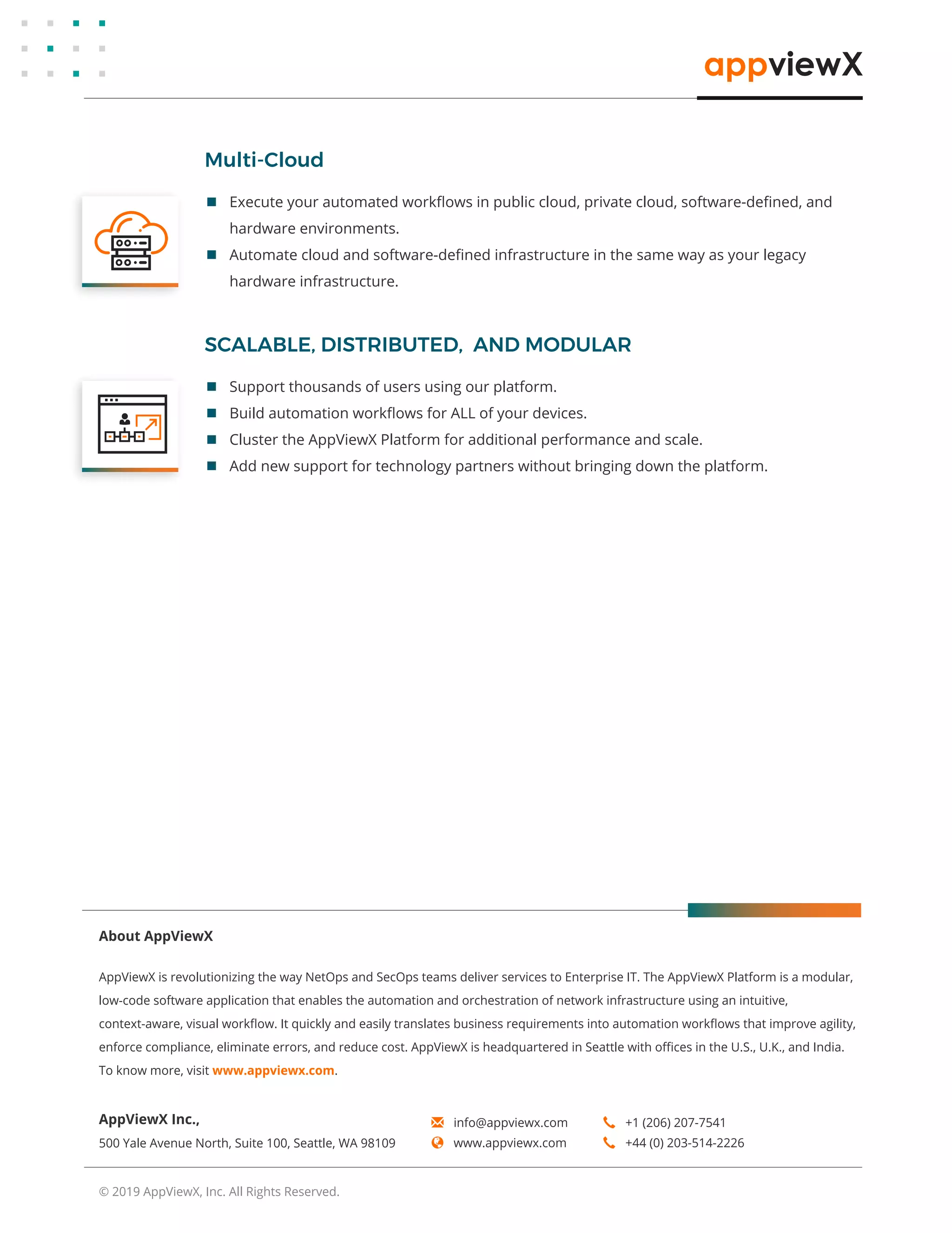 AppViewX is revolutionizing the way NetOps and SecOps teams deliver services to Enterprise IT. The AppViewX Platform is a modular,
low-code software application that enables the automation and orchestration of network infrastructure using an intuitive,
context-aware, visual workﬂow. It quickly and easily translates business requirements into automation workﬂows that improve agility,
enforce compliance, eliminate errors, and reduce cost. AppViewX is headquartered in Seattle with oﬃces in the U.S., U.K., and India.
To know more, visit www.appviewx.com.
About AppViewX
 +1 (206) 207-7541
 +44 (0) 203-514-2226
✉ info@appviewx.com
 www.appviewx.com
AppViewX Inc.,
500 Yale Avenue North, Suite 100, Seattle, WA 98109
© 2019 AppViewX, Inc. All Rights Reserved.
 Execute your automated workﬂows in public cloud, private cloud, software-deﬁned, and
hardware environments.
 Automate cloud and software-deﬁned infrastructure in the same way as your legacy
hardware infrastructure.
Multi-Cloud
 Support thousands of users using our platform.
 Build automation workﬂows for ALL of your devices.
 Cluster the AppViewX Platform for additional performance and scale.
 Add new support for technology partners without bringing down the platform.
SCALABLE, DISTRIBUTED, AND MODULAR
 