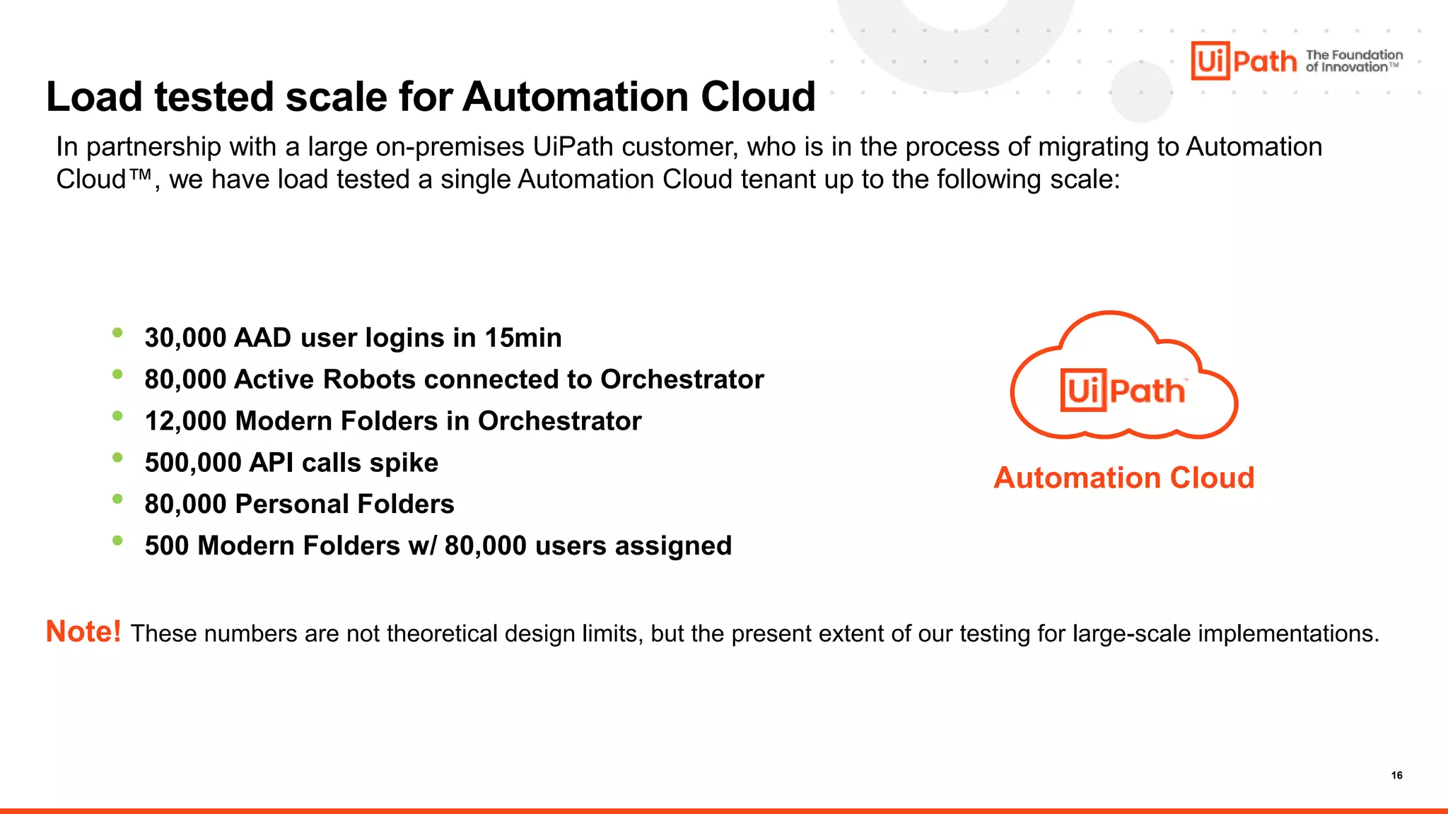 16
• 30,000 AAD user logins in 15min
• 80,000 Active Robots connected to Orchestrator
• 12,000 Modern Folders in Orchestrator
• 500,000 API calls spike
• 80,000 Personal Folders
• 500 Modern Folders w/ 80,000 users assigned
Note! These numbers are not theoretical design limits, but the present extent of our testing for large-scale implementations.
Load tested scale for Automation Cloud
In partnership with a large on-premises UiPath customer, who is in the process of migrating to Automation
Cloud™, we have load tested a single Automation Cloud tenant up to the following scale:
Automation Cloud
 