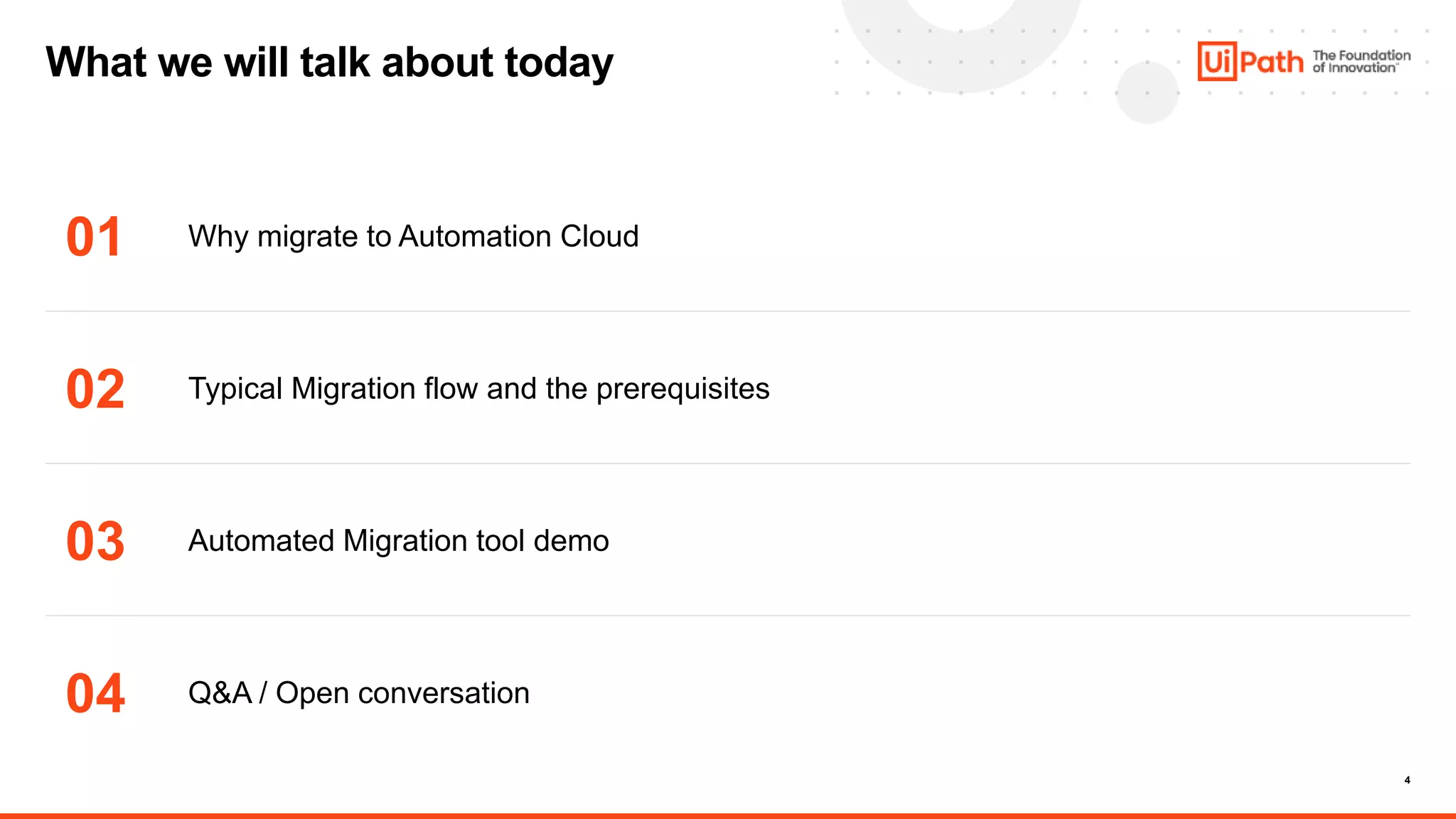 4
What we will talk about today
01
02
03
04
Why migrate to Automation Cloud
Typical Migration flow and the prerequisites
Automated Migration tool demo
Q&A / Open conversation
 