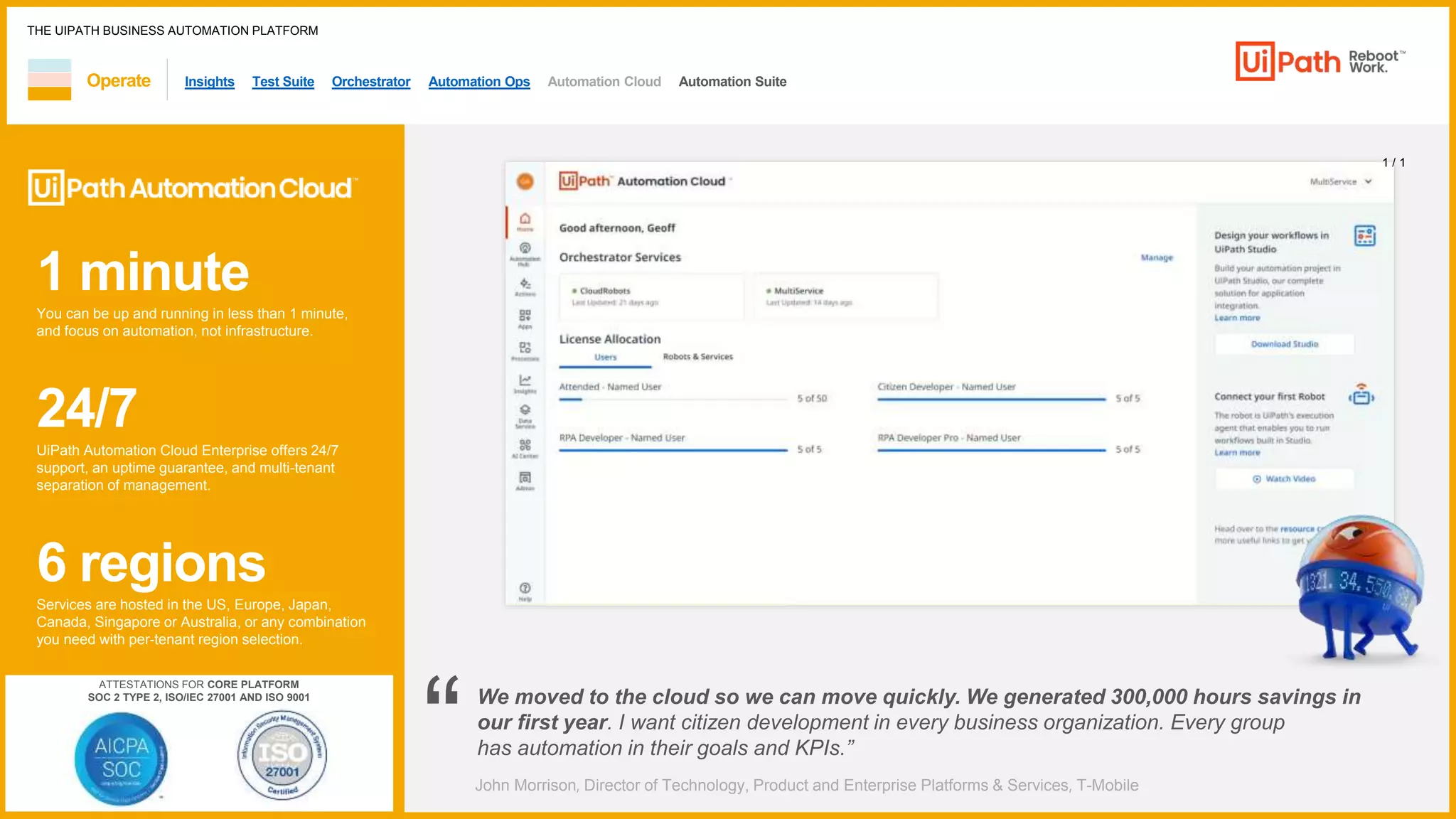 THE UIPATH BUSINESS AUTOMATION PLATFORM
1 minute
You can be up and running in less than 1 minute,
and focus on automation, not infrastructure.
24/7
UiPath Automation Cloud Enterprise offers 24/7
support, an uptime guarantee, and multi-tenant
separation of management.
6 regions
Services are hosted in the US, Europe, Japan,
Canada, Singapore or Australia, or any combination
you need with per-tenant region selection.
1 / 1
Operate Insights Test Suite Orchestrator Automation Ops Automation Cloud Automation Suite
We moved to the cloud so we can move quickly. We generated 300,000 hours savings in
our first year. I want citizen development in every business organization. Every group
has automation in their goals and KPIs.”
John Morrison, Director of Technology, Product and Enterprise Platforms & Services, T-Mobile
“
ATTESTATIONS FOR CORE PLATFORM
SOC 2 TYPE 2, ISO/IEC 27001 AND ISO 9001
 