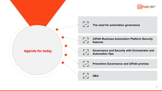 4
UiPath Business Automation Platform Security
features
Governance and Security with Orchestrator and
Automation Ops
Agenda for today
Q&A
The need for automation governance
Preventive Governance and UiPath promise
 