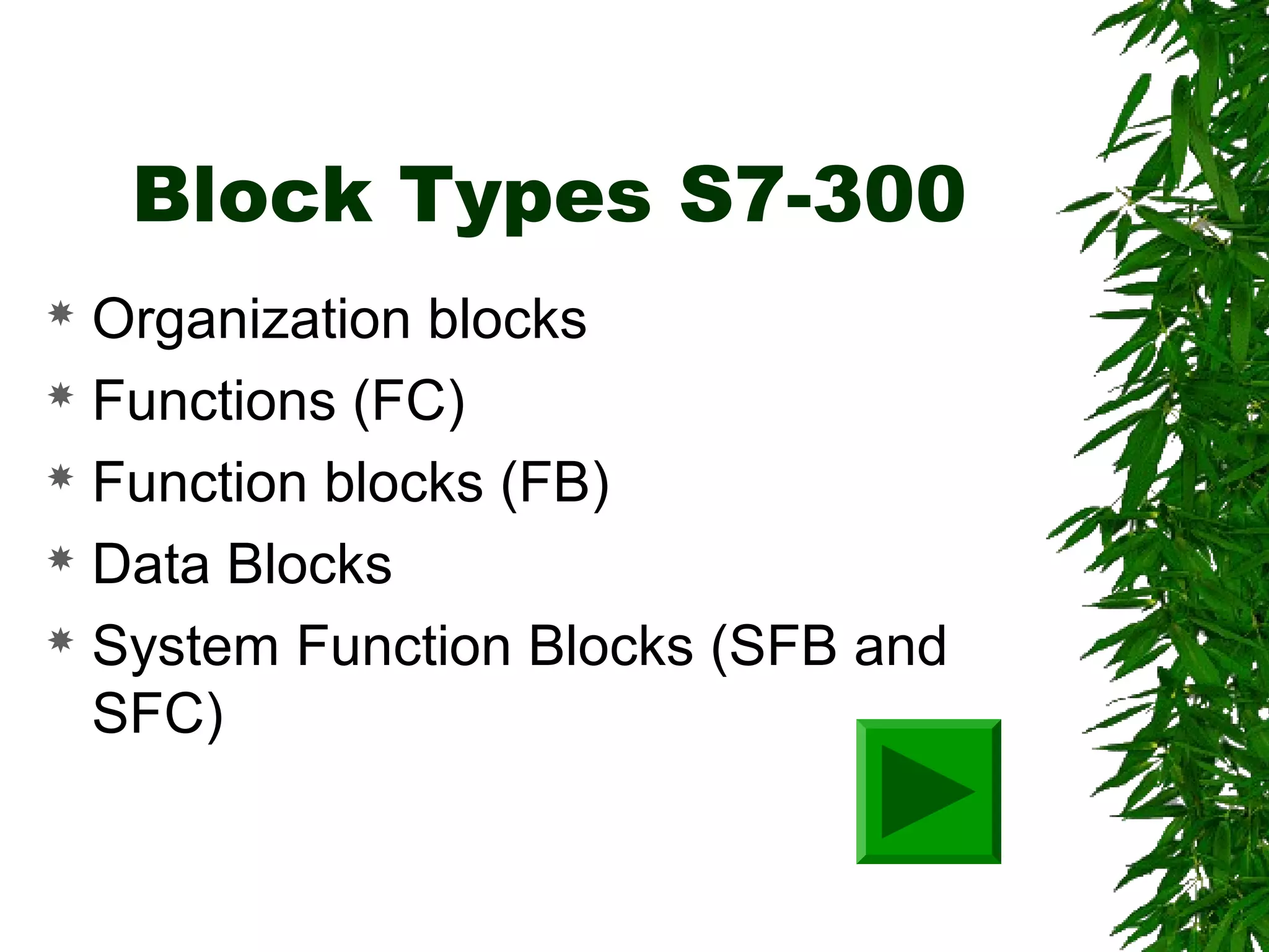 Block Types S7-300
 Organization blocks
 Functions (FC)
 Function blocks (FB)
 Data Blocks
 System Function Blocks (SFB and
SFC)
 