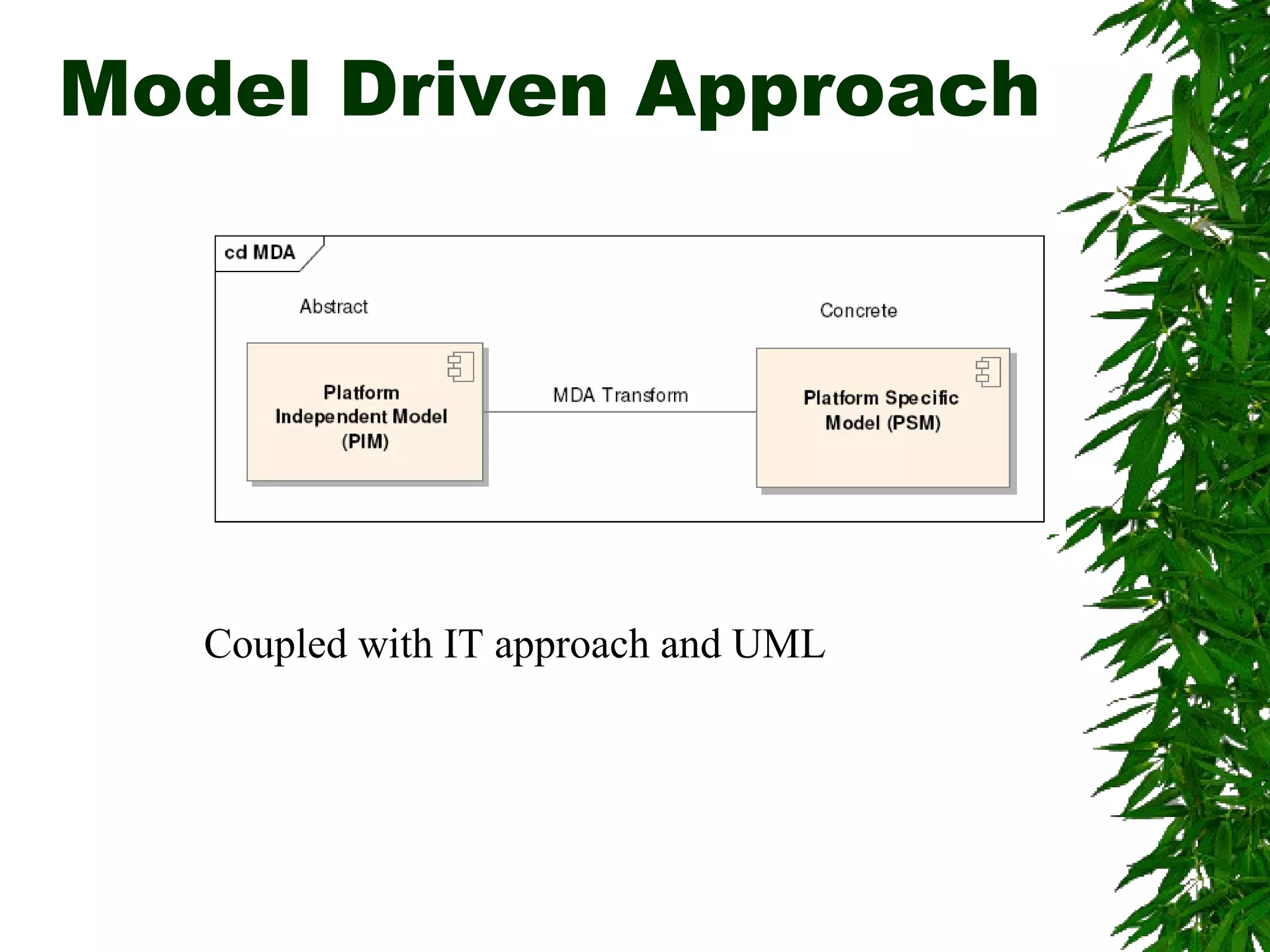 Model Driven Approach
Coupled with IT approach and UML
 