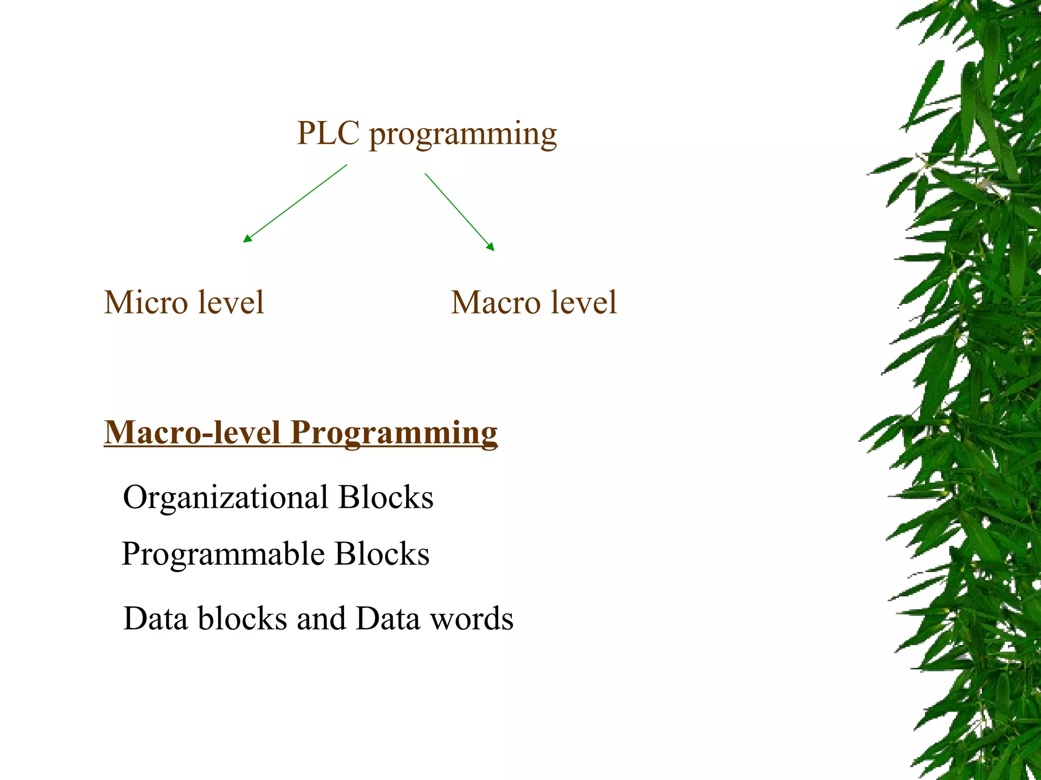 PLC programming
Micro level Macro level
Macro-level Programming
Organizational Blocks
Programmable Blocks
Data blocks and Data words
 
