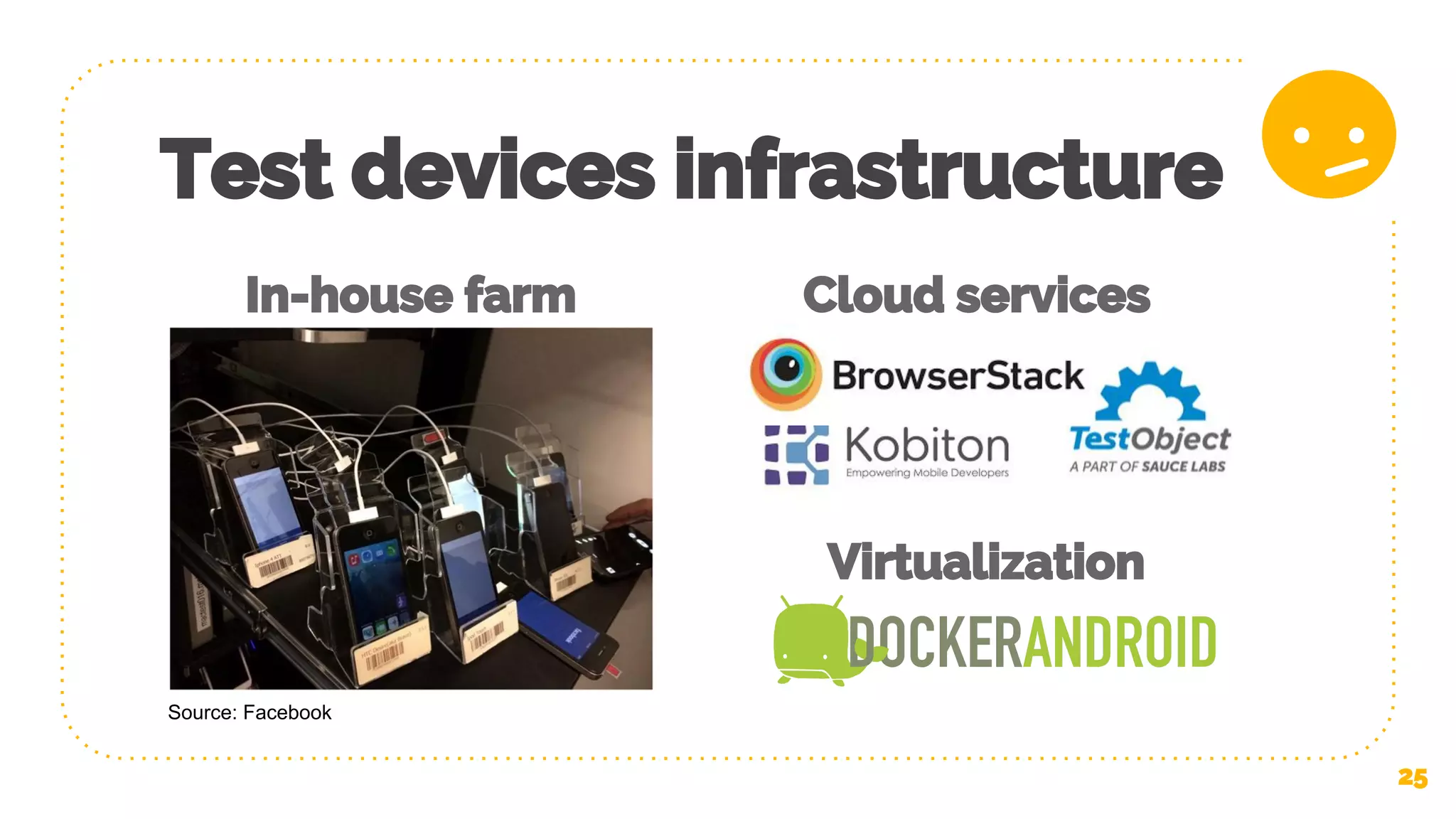 25 Test devices infrastructure Source: Facebook In-house farm Cloud services Virtualization 