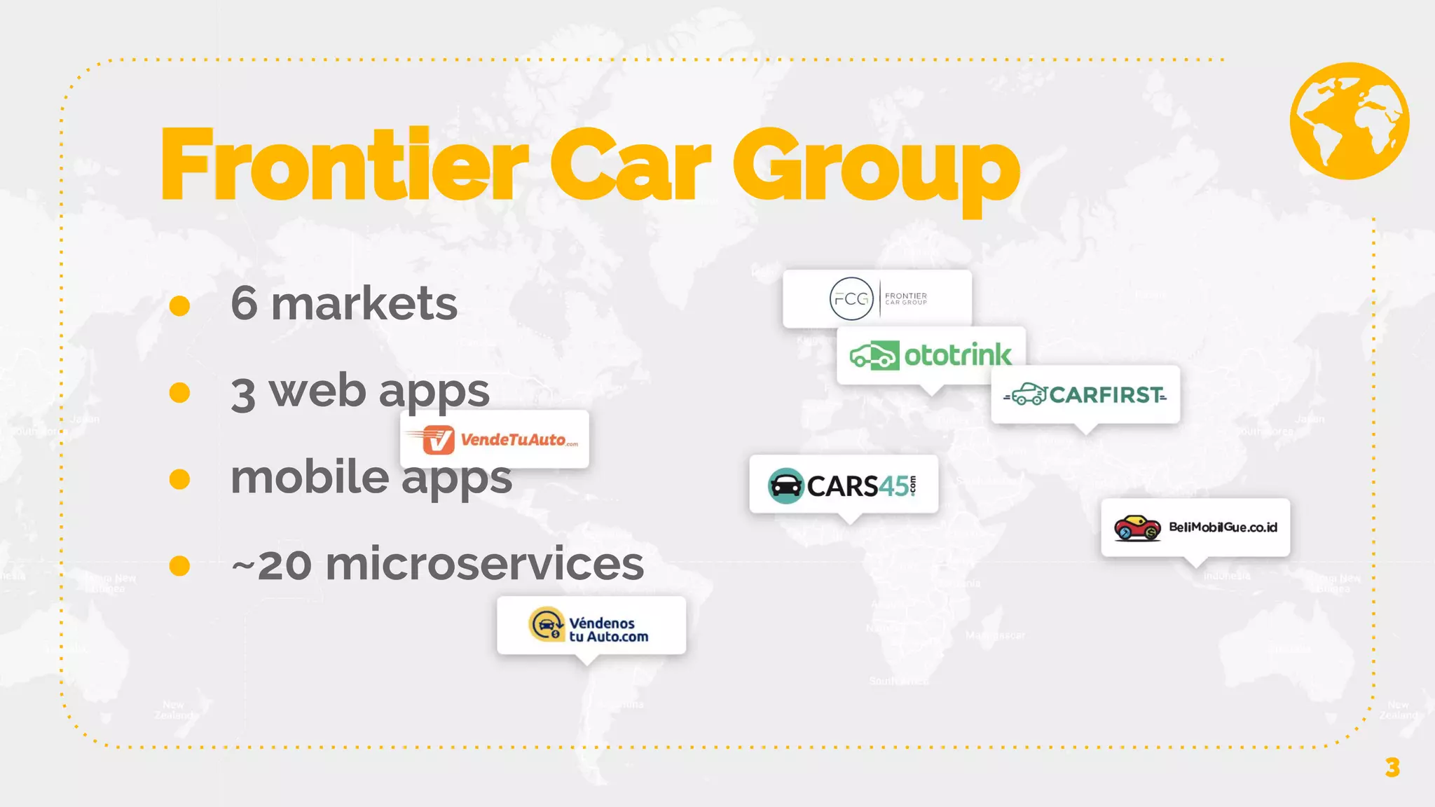 Frontier Car Group ● 6 markets ● 3 web apps ● mobile apps ● ~20 microservices 3 