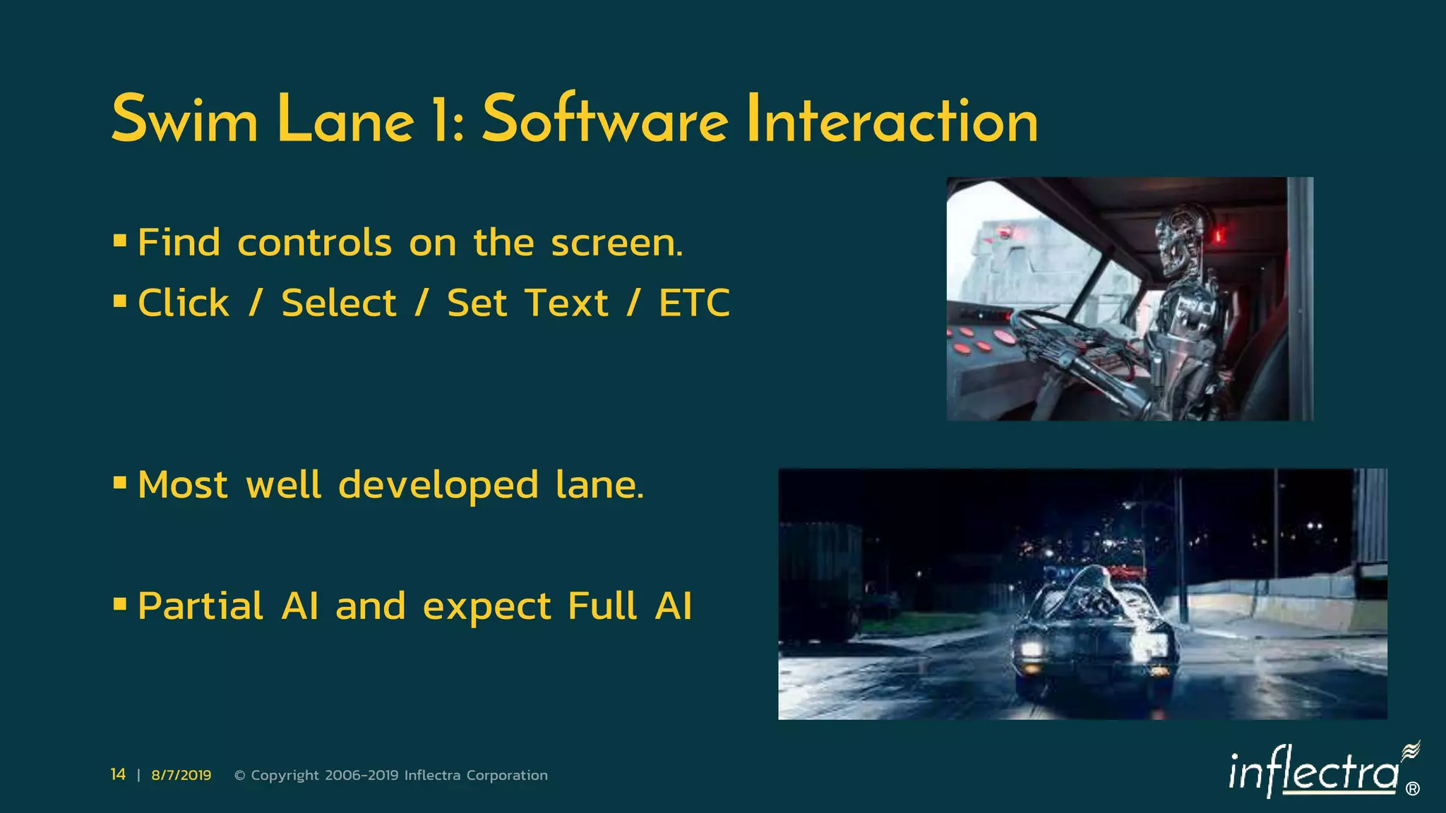 ®
14 | 8/7/2019 © Copyright 2006-2019 Inflectra Corporation
Swim Lane 1: Software Interaction
 Find controls on the screen.
 Click / Select / Set Text / ETC
 Most well developed lane.
 Partial AI and expect Full AI
 