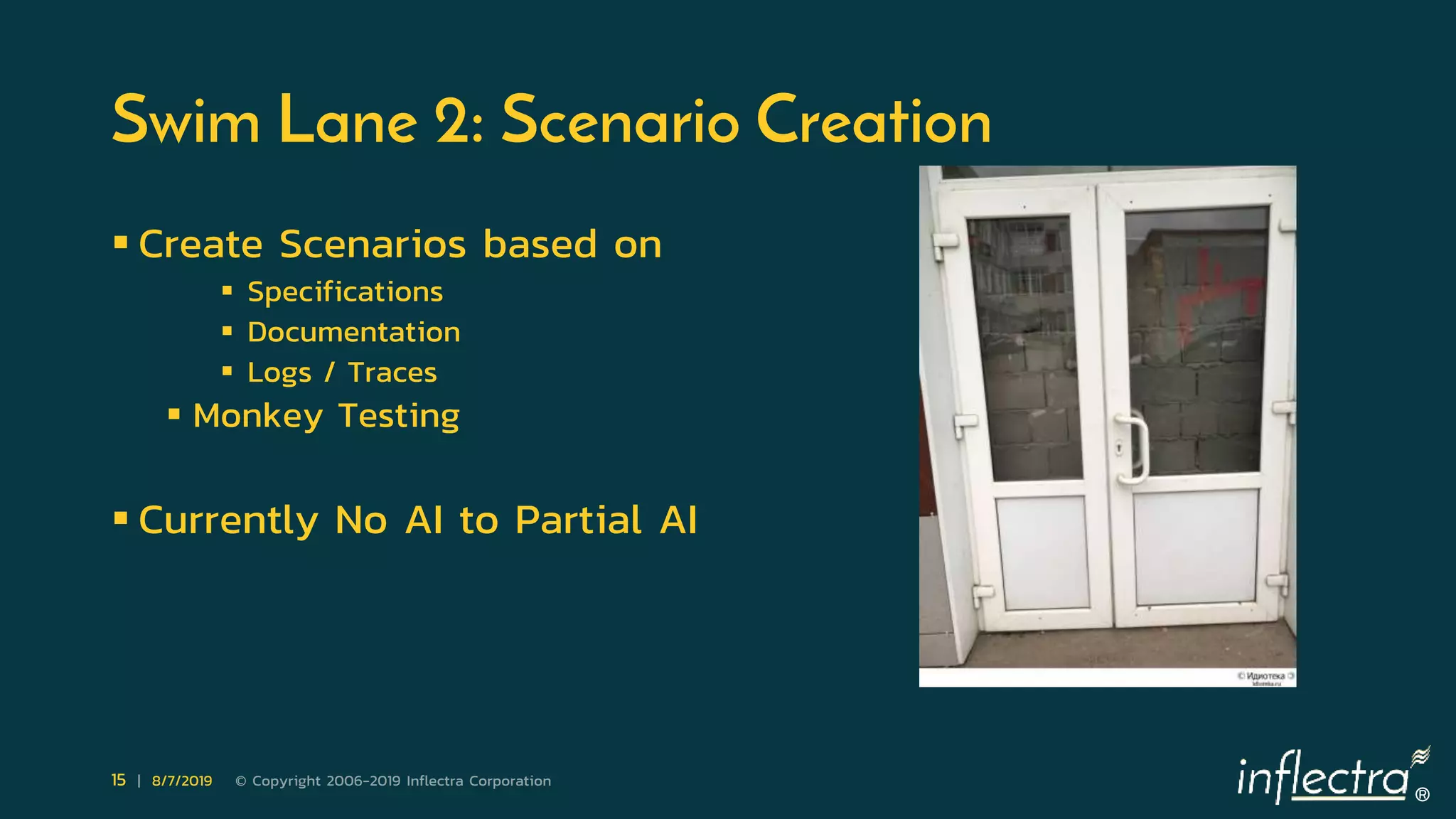 ®
15 | 8/7/2019 © Copyright 2006-2019 Inflectra Corporation
Swim Lane 2: Scenario Creation
 Create Scenarios based on
 Specifications
 Documentation
 Logs / Traces
 Monkey Testing
 Currently No AI to Partial AI
 