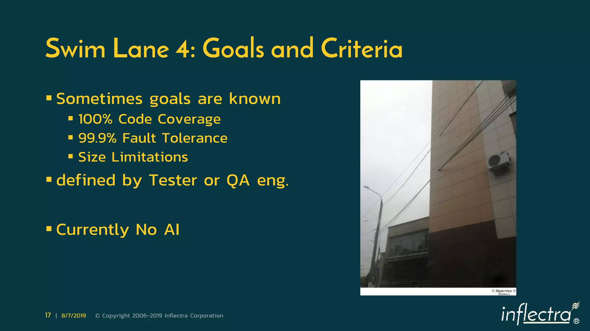 ®
17 | 8/7/2019 © Copyright 2006-2019 Inflectra Corporation
Swim Lane 4: Goals and Criteria
 Sometimes goals are known
 100% Code Coverage
 99.9% Fault Tolerance
 Size Limitations
 defined by Tester or QA eng.
 Currently No AI
 