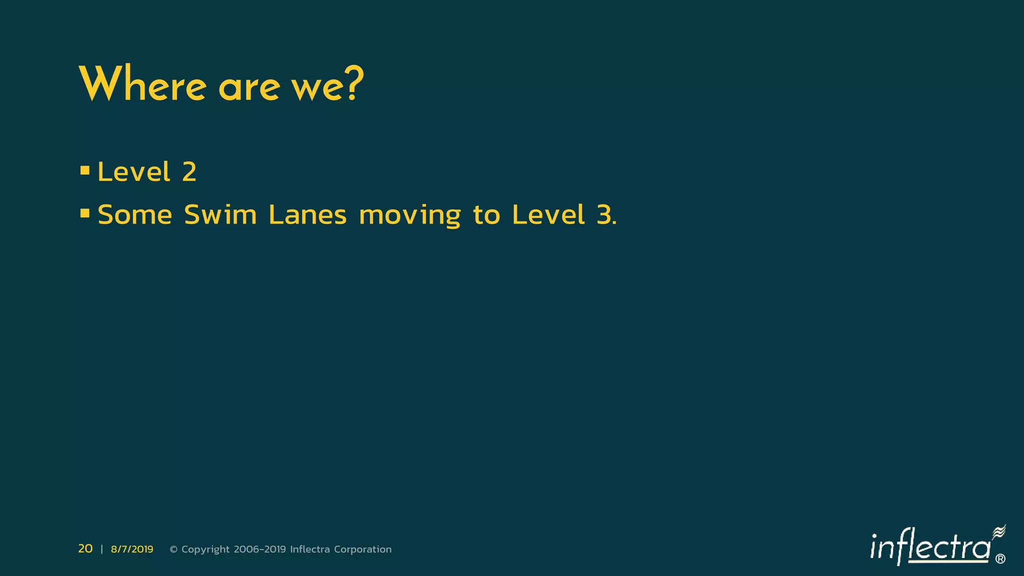 ®
20 | 8/7/2019 © Copyright 2006-2019 Inflectra Corporation
Where are we?
 Level 2
 Some Swim Lanes moving to Level 3.
 