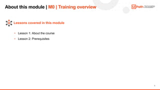 3
About this module | M0 | Training overview
• Lesson 1: About the course
• Lesson 2: Prerequisites
Lessons covered in thi...