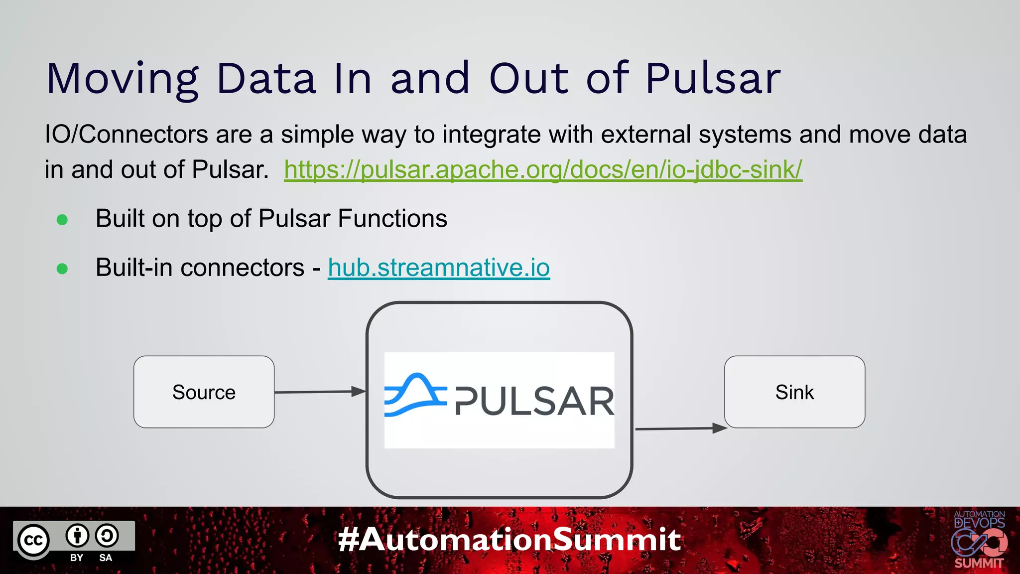 #AutomationSummit
Moving Data In and Out of Pulsar
IO/Connectors are a simple way to integrate with external systems and move data
in and out of Pulsar. https://pulsar.apache.org/docs/en/io-jdbc-sink/
● Built on top of Pulsar Functions
● Built-in connectors - hub.streamnative.io
Source Sink
 