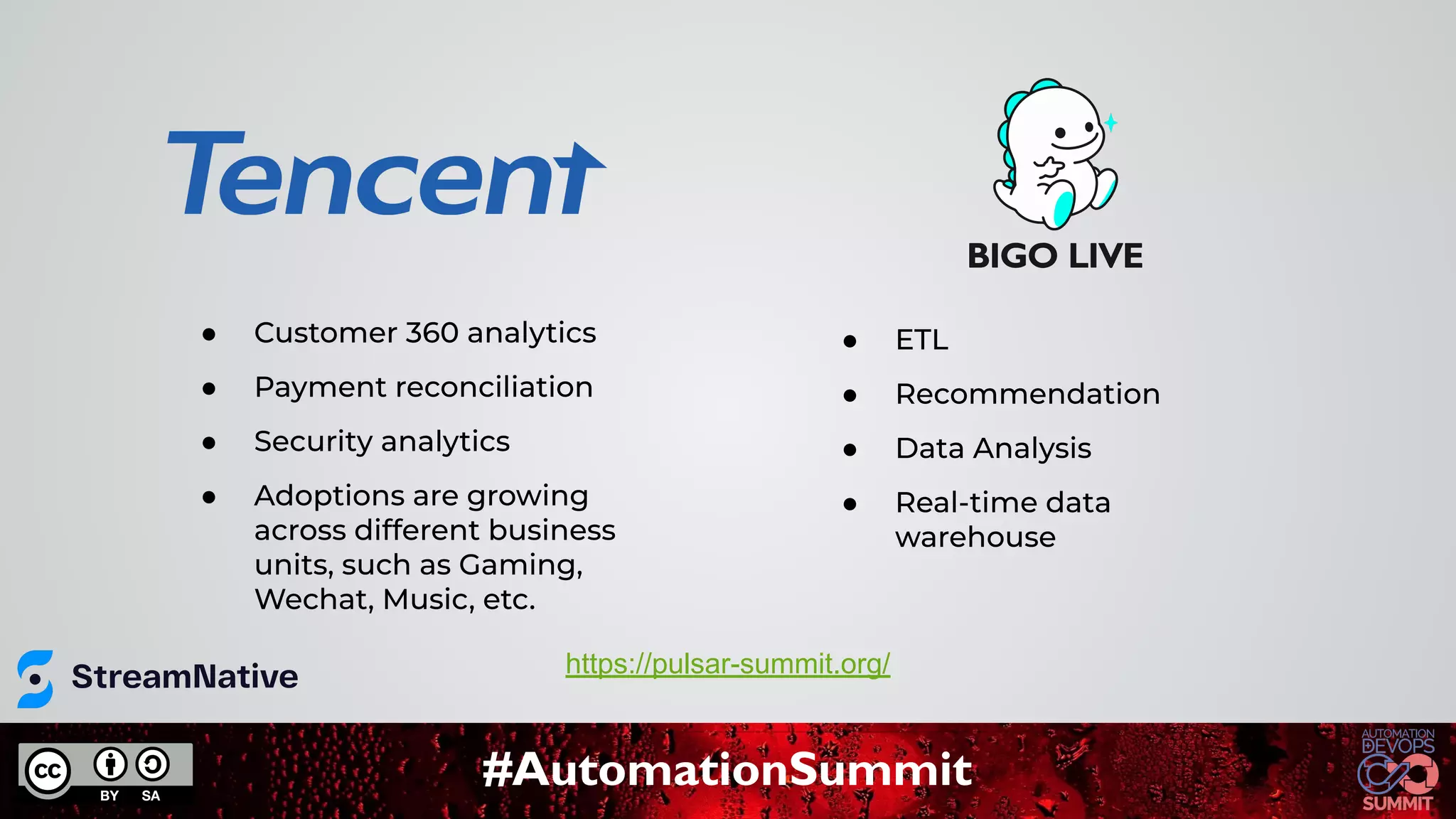 #AutomationSummit
● Customer 360 analytics
● Payment reconciliation
● Security analytics
● Adoptions are growing
across different business
units, such as Gaming,
Wechat, Music, etc.
● ETL
● Recommendation
● Data Analysis
● Real-time data
warehouse
https://pulsar-summit.org/
 