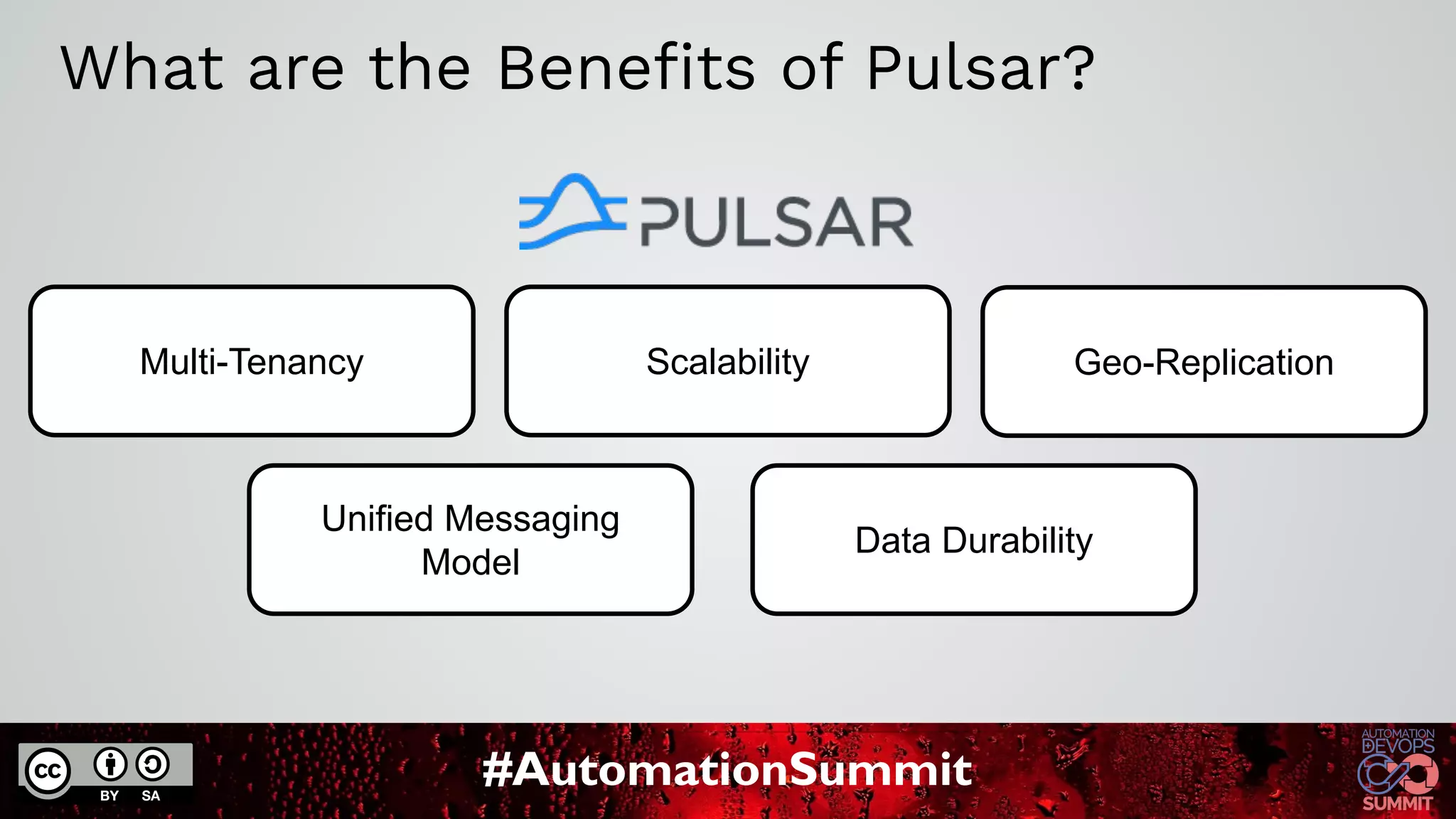 #AutomationSummit
What are the Beneﬁts of Pulsar?
Data Durability
Scalability Geo-Replication
Multi-Tenancy
Unified Messaging
Model
 