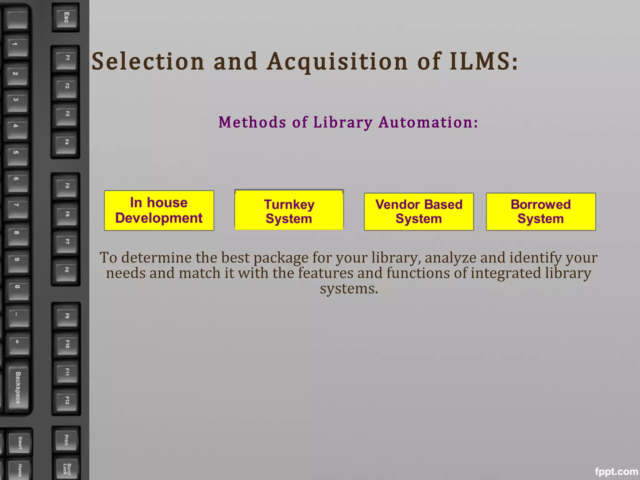 Selection and Acquisition of ILMS:
Methods of Library Automation:
To determine the best package for your library, analyze and identify your
needs and match it with the features and functions of integrated library
systems.
 