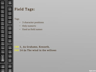 Field Tags:
Tags
– 3 character positions
– Only numeric
– Used as field names
100 1_ ‡a Grahame, Kenneth,
245 14 ‡a The wind in the willows
 