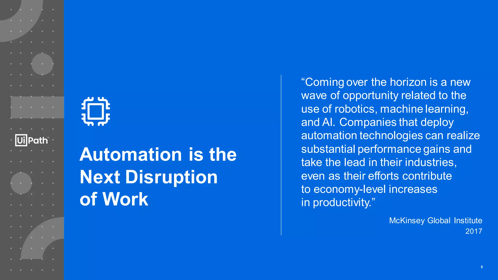 Automation is the
Next Disruption
of Work
“Coming over the horizon is a new
wave of opportunity related to the
use of robotics, machine learning,
and AI. Companies that deploy
automation technologies can realize
substantial performance gains and
take the lead in their industries,
even as their efforts contribute
to economy-level increases
in productivity.”
McKinsey Global Institute
2017
5
 