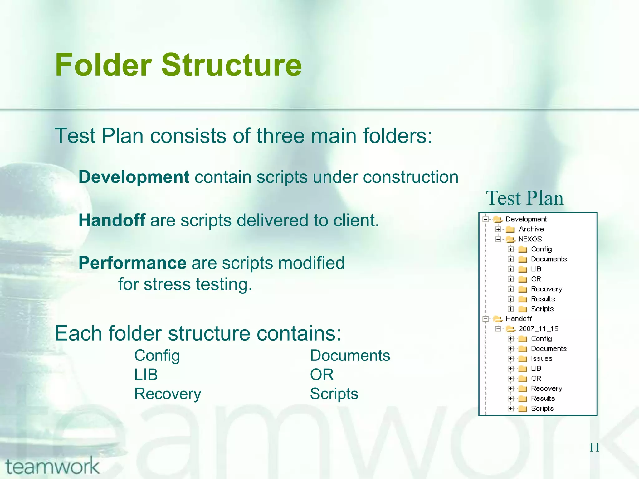 8Data-Driven Testing FrameworkData-driven testing framework is incorporated in NexOS Project by inputting the data into an Excel file and importing the values into QTP Data table at the time of execution. Enables to test the application with multiple sets of data.