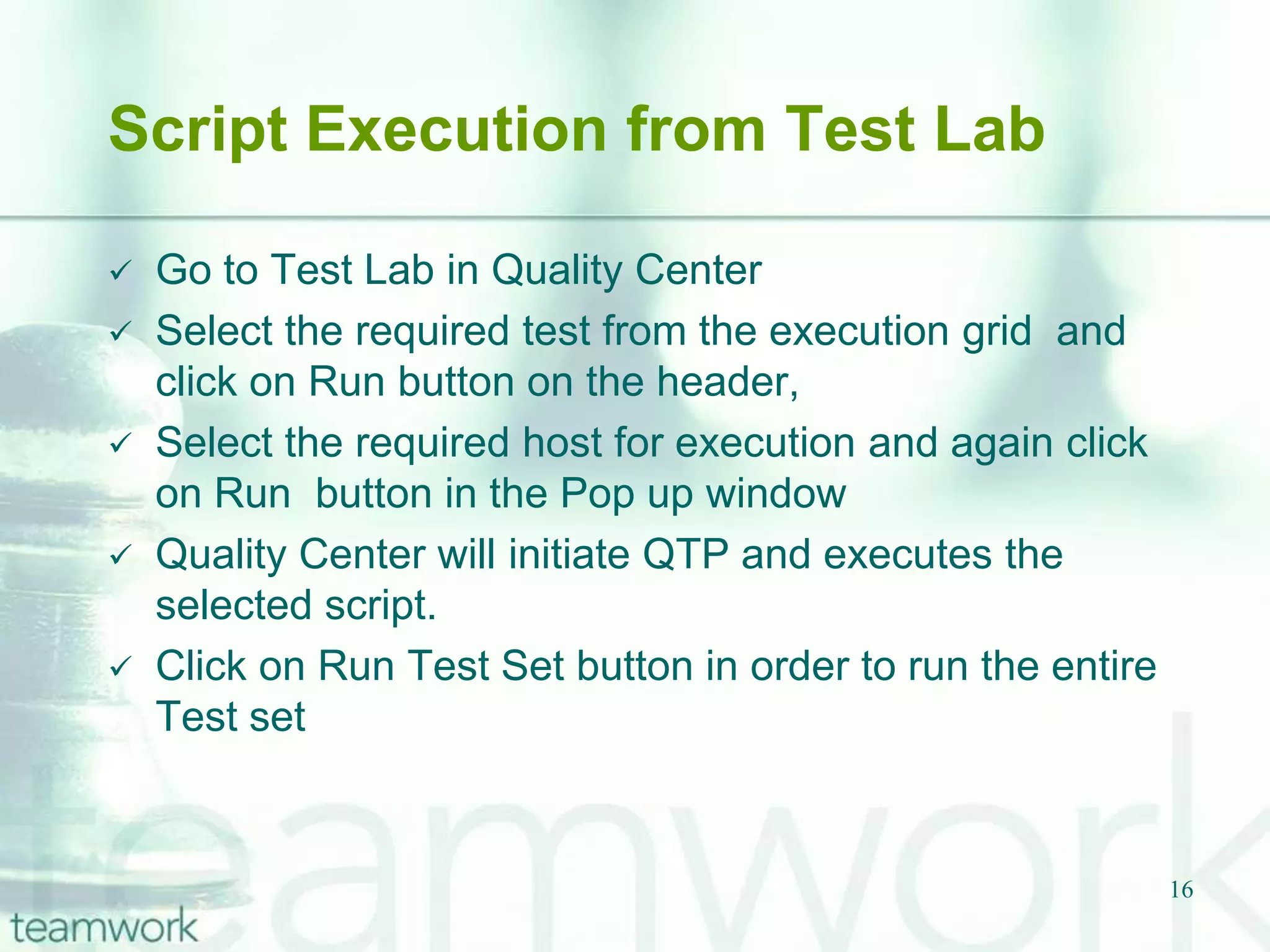 11Folder StructureTest Plan consists of three main folders:Development contain scripts under constructionHandoff are scripts delivered to client. Performance are scripts modified 		for stress testing.Each folder structure contains:	Config			Documents	LIB			OR	Recovery		ScriptsTest Plan