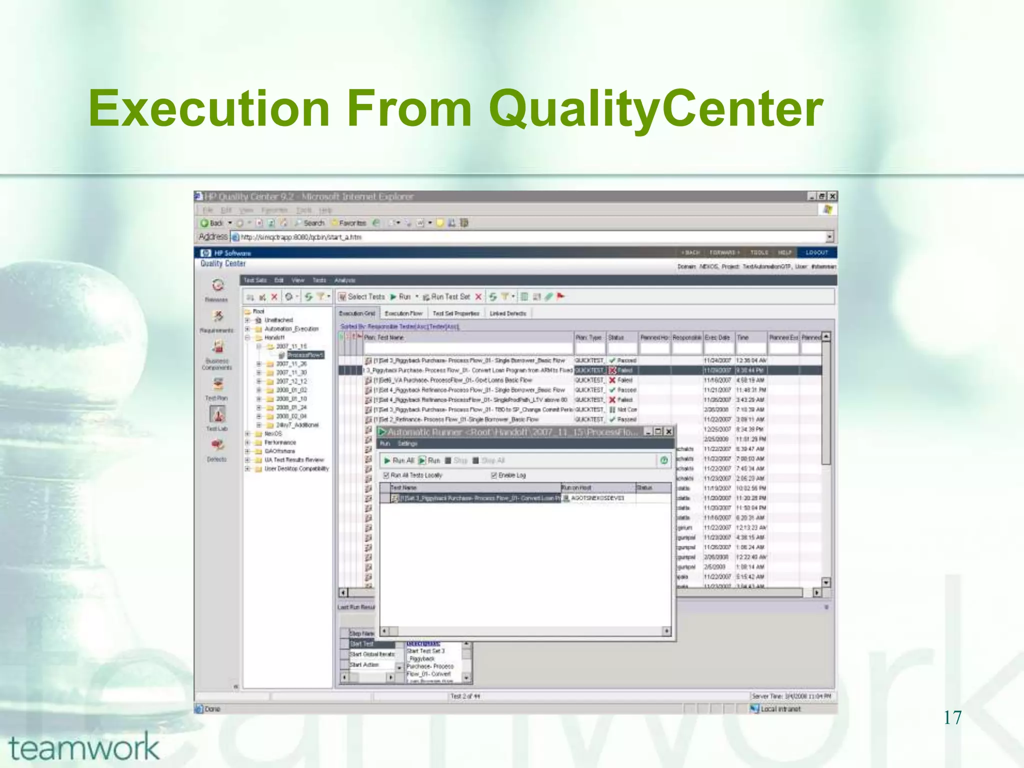12Test Plan StructureConfig: Configuration file has the environmental variables of URL, Userid, Password, Pool, AccessResultsLocation path, Login config path, Screenshot root path, POS validation and Take Screen shot.Documents:Documents folder contains all documents required for preparation and understanding of the NexOS Automation project.LIB: Contains Business Library and Global Library Functions located in the form of  vbs fileOR:Contains object repository files attached in the Attachment section. Object Repository is used in Login part of the application, because some win objects are not identified by the descriptive programming or takes more time to identify. The file is saved in .tsr( Test Shared Repository) extension.