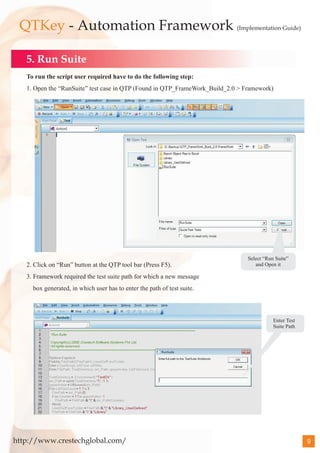 QTKey - Automation Framework (Implementation Guide)

   5. Run Suite
   To run the script user required have to do the following step:
   1. Open the “RunSuite” test case in QTP (Found in QTP_FrameWork_Build_2.0 > Framework)




                                                                                Select “Run Suite”
   2. Click on “Run” button at the QTP tool bar (Press F5).                        and Open it

   3. Framework required the test suite path for which a new message
     box generated, in which user has to enter the path of test suite.



                                                                                           Enter Test
                                                                                           Suite Path




http://www.crestechglobal.com/                                                                          9
 