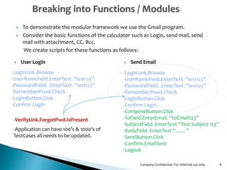  To demonstrate the modular framework we use the Gmail program.
 Consider the basic functions of the calculator such as Login, send mail, send
mail with attachment, CC, Bcc.
We create scripts for these functions as follows:
8
‐LoginLink.Browse
‐UserNameField.EnterText. “test123”
‐PasswordField. .EnterText. “test123”
‐RememberPswd.Check
‐LoginButton.Click
‐Confirm Login
‐LoginLink.Browse
‐UserNameField.EnterText. “test123”
‐PasswordField. .EnterText. “test123”
‐RememberPswd.Check
‐LoginButton.Click
‐Confirm Login
‐ComposeButton.Click
‐ToField.EnterEmail. “toEmail123”
‐SubjectField. EnterText “Test Subject 123”
‐BodyField. EnterText “……”
‐SendButton.Click
‐Confirm.EmailSent
‐Logout
 User Login  Send Email
‐VerifyLink.ForgotPwd.isPresent
‐Application can have 100’s & 1000’s of
TestCases all needs to be updated.
Company Confidential. For Internal use only.
 