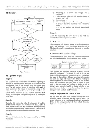 IJRET: International Journal of Research in Engineering and Technology eISSN: 2319-1163 | pISSN: 2321-7308
_______________________________________________________________________________________
Volume: 04 Issue: 04 | Apr-2015, Available @ http://www.ijret.org 173
4.1 Flowchart
Fig 4 Flowchart
4.2 Algorithm Stages
Stage 1:
The Execution is as shown in the flowchart the beginning is
with the on field mechanism where the on field mechanism
measures the value of the moisture from the soil per unit
area. The soil moisture sensor is interfaced with AVR 8
micro controller. The value of moisture is going to be
processed by the Controller so it is at the same level as
sensor. Value processed by AVR is then given to LCD
display, to display the voltage reading taken by sensor per
meter area,
Stage 2:
Then after this process the value of voltages are forward to
the RF module which is also interfaced with the AVR but it
is the second step of the execution of the which providing
the wireless communication. Same as that RF Receiver is
interfaced at the movable robot, to receive the value.
Stage 3:
After receiving the reading they are processed by the ARM
7 controller
a) Processing is to divide the voltages into 3
categories
b) Output voltage range of soil moisture sensor is
between 0 to 3 volt
c) So if moisture =x
d) If 0<x<1=high moisture value =low output
If 1<x<2= moderate moisture value =moderate
output
If 2<x<3 and above= low moisture value =high
output
Stage 4:
After this processing the robot moves to the field and
sprinkle the water using water sprinkler
5. TESTING
The testing of soil moisture sensor for different values is
done and sensitivity curve is plotted according to it.
Mechanical model is manufactured for robot by wooden
structure
5.1 Soil Moisture Sensor Testing:
The soil moisture is tested under the 3 different condition in
the soil of 1 meter radius area according to water level as
Table 1: Moisture Value
Low Moderate High
Analog 3V 1.4V 94.7mV
Digital 0 0 95mV
This readings are tested and observed in project lab with
available equipments . We taken the soil in the jar and
inserted the moisture sensor to the root level of a plant an put
the water in the soil in 3 different ways that is low water,
moderate and high and taken out the different reading for
moisture present in soil to develop a plant. In this we have
found that these values are in the range of voltage as given
table.1. We have taken both reading for analog a well as
digital value which is helpful to decide whether to use
controller. And finally we have taken analog value given to
atmega 8 which has built in ADC function.
Stage 1: High Moisture Present in Soil
In first stage we have taken a small container and with
weighing 500gm of soil and we put 250ml of water. The
sensor is inserted in the container and reading is taken out in
DMM in this voltage is observed 95mv which shows the
high moisture is present.
 