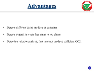 21
21
• Detects different gases produce or consume
• Detects organism when they enter to log phase.
• Detection microorganisms, that may not produce sufficient CO2.
Advantages
 
