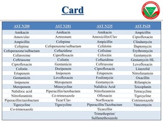 26
26
Card
AST N280 AST N281 AST N235 AST P628
Amikacin Amikacin Amikacin Ampicillin
Amox/clav Aztreonam Amoxicillin/Clav Ciprofloxacin
Ampicillin Cefepime Ampicillin Clindamycin
Cefepime Cefoperazone/sulbactam Cefalotin Daptomycin
Cefoperazone/sulbactam Ceftazidime Cefixime Erythromycin
Cefuroxime Ciprofloxacin Cefoxitin Gentamycin
Ceftriaxone Colistin Ceftazidime Gentamycin HL
Ciprofloxacin Gentamicin Ceftriaxone Levofloxacin
Colistin Doripenem Ciprofloxacin Linezolid
Ertapenem Imipenem Ertapenem Nitrofurantoin
Gentamicin Levofloxacin Fosfomycin Oxacillin
Imipenem Meropenem Gentamycin Rifampicin
Meropenem Minocycline Nalidixic Acid Teicoplanin
Nalidixic acid Piperacillin/tazobactam Nitrofurantoin Tetracycline
Nitrofurantoin Co-trimoxazole Ofloxacin Tigecycline
Piperacillin/tazobactam Ticar/Clav Norfloxacin Cotrimoxazole
Tigecycline Tigecycline Piperacillin/Tazobactam Vancomycin
Co-trimoxazole Ticarcillin
Trimethoprim/
Sulfamethoxazole
 