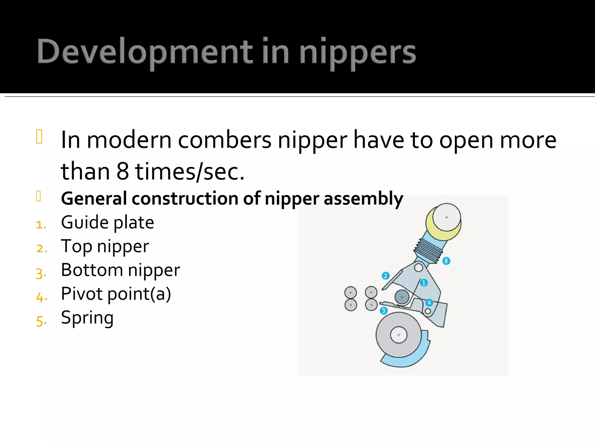  In modern combers nipper have to open more
than 8 times/sec.
 General construction of nipper assembly
1. Guide plate
2. Top nipper
3. Bottom nipper
4. Pivot point(a)
5. Spring
 