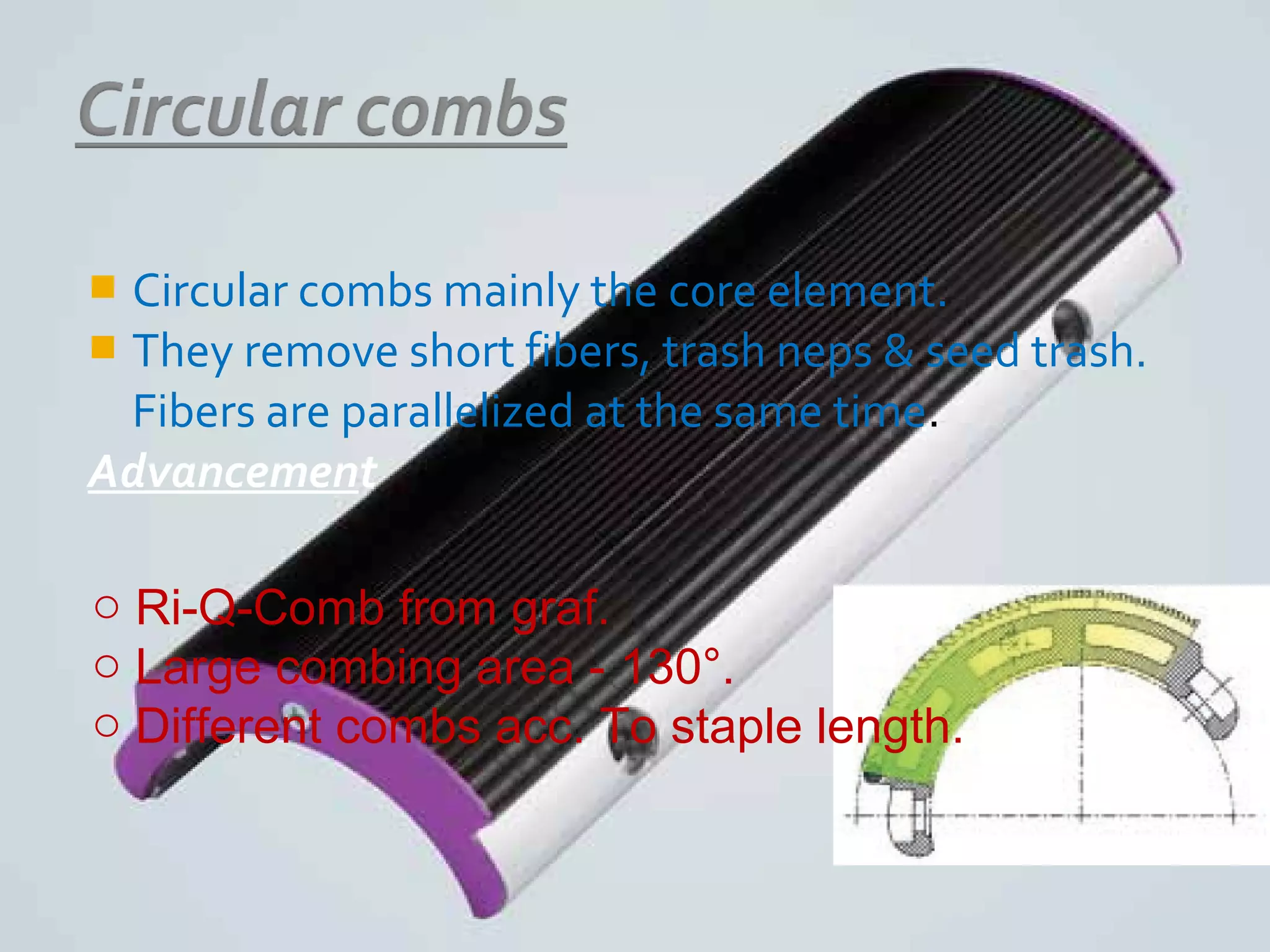  Circular combs mainly the core element.
 They remove short fibers, trash neps & seed trash.
Fibers are parallelized at the same time.
Advancement
o Ri-Q-Comb from graf.
o Large combing area - 130°.
o Different combs acc. To staple length.
 