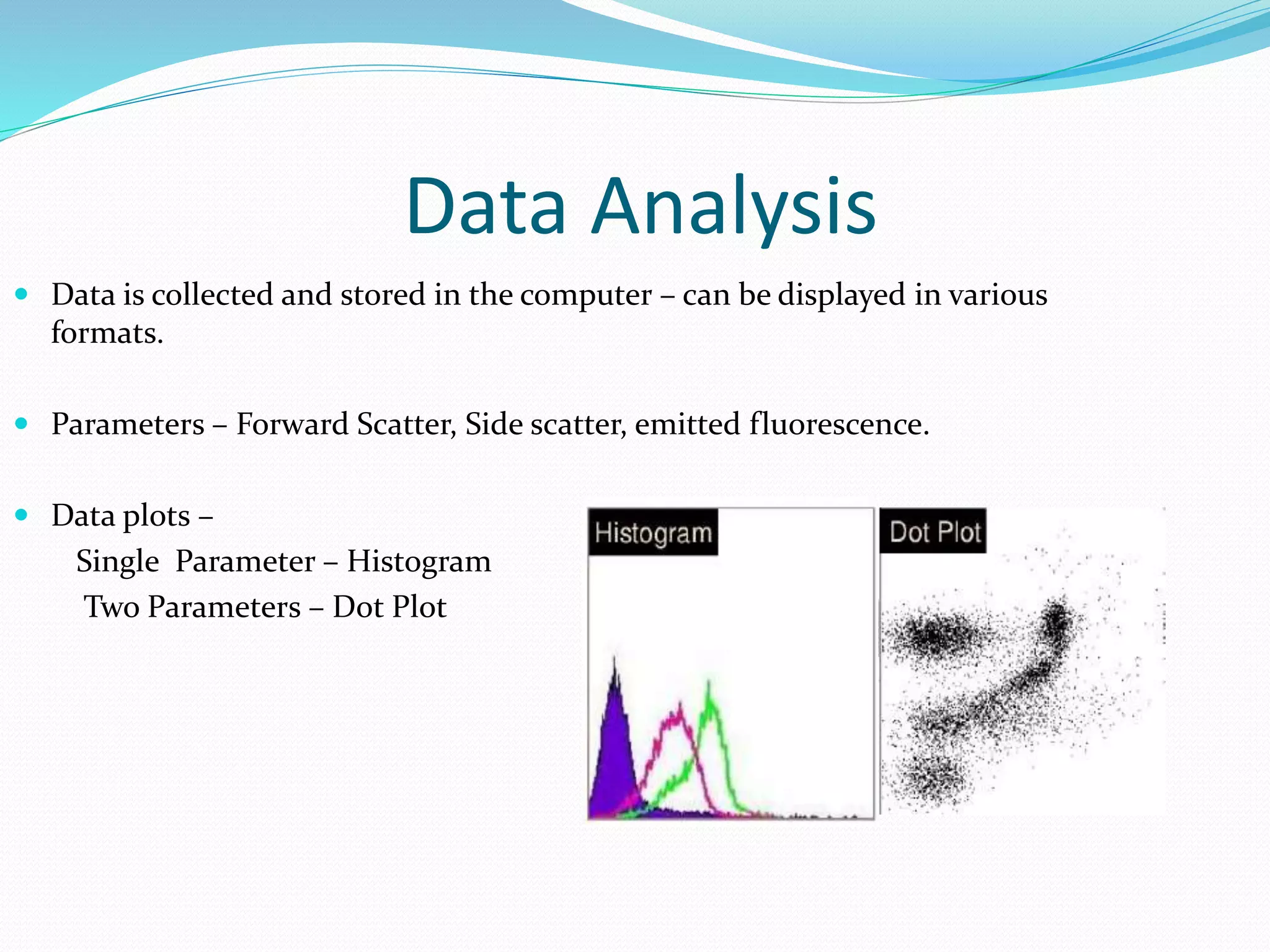 Data Analysis
 Data is collected and stored in the computer – can be displayed in various
formats.
 Parameters – Forward Scatter, Side scatter, emitted fluorescence.
 Data plots –
Single Parameter – Histogram
Two Parameters – Dot Plot
 