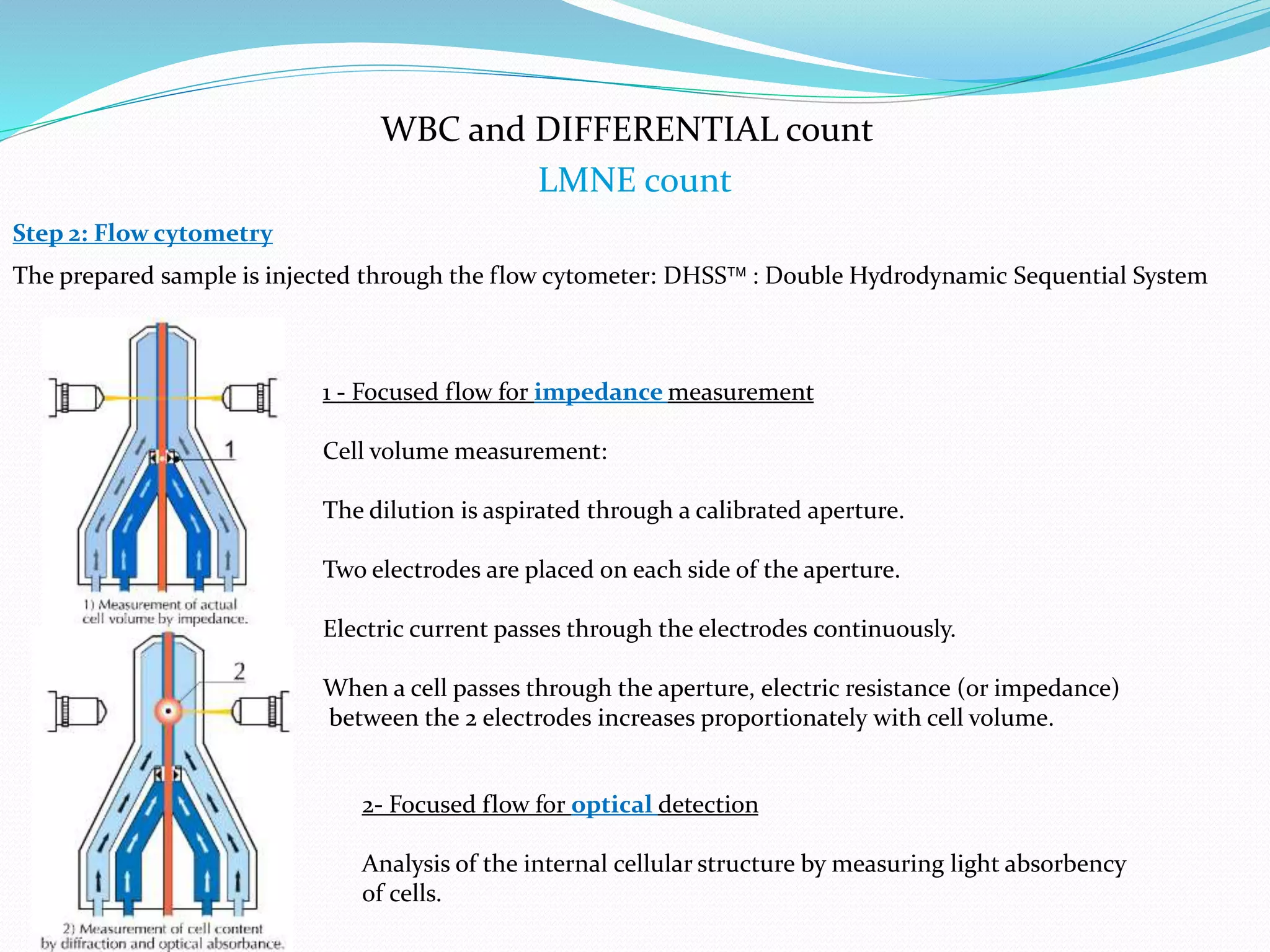 WBC and DIFFERENTIAL count
LMNE count
Step 2: Flow cytometry
The prepared sample is injected through the flow cytometer: DHSS : Double Hydrodynamic Sequential System
1 - Focused flow for impedance measurement
Cell volume measurement:
The dilution is aspirated through a calibrated aperture.
Two electrodes are placed on each side of the aperture.
Electric current passes through the electrodes continuously.
When a cell passes through the aperture, electric resistance (or impedance)
between the 2 electrodes increases proportionately with cell volume.
2- Focused flow for optical detection
Analysis of the internal cellular structure by measuring light absorbency
of cells.
 