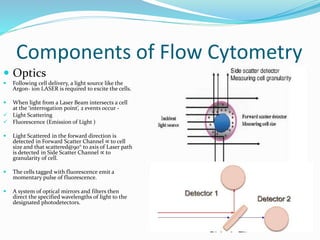 Components of Flow Cytometry
 Optics
 Following cell delivery, a light source like the
Argon- ion LASER is required to excite the cells.
 When light from a Laser Beam intersects a cell
at the ‘interrogation point’, 2 events occur -
 Light Scattering
 Fluorescence (Emission of Light )
 Light Scattered in the forward direction is
detected in Forward Scatter Channel ∝ to cell
size and that scattered@90° to axis of Laser path
is detected in Side Scatter Channel ∝ to
granularity of cell.
 The cells tagged with fluorescence emit a
momentary pulse of fluorescence.
 A system of optical mirrors and filters then
direct the specified wavelengths of light to the
designated photodetectors.
 