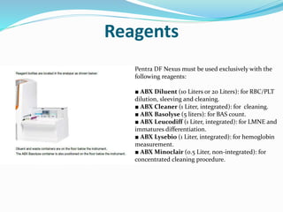 Reagents
Pentra DF Nexus must be used exclusively with the
following reagents:
■ ABX Diluent (10 Liters or 20 Liters): for RBC/PLT
dilution, sleeving and cleaning.
■ ABX Cleaner (1 Liter, integrated): for cleaning.
■ ABX Basolyse (5 liters): for BAS count.
■ ABX Leucodiff (1 Liter, integrated): for LMNE and
immatures differentiation.
■ ABX Lysebio (1 Liter, integrated): for hemoglobin
measurement.
■ ABX Minoclair (0.5 Liter, non-integrated): for
concentrated cleaning procedure.
 