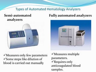 Types of Automated Hematology Analyzers
Semi-automated
analyzers
Fully automated analyzers
Measures only few parameters
Some steps like dilution of
blood is carried out manually
Measures multiple
parameters.
Requires only
anticoagulated blood
samples.
 
