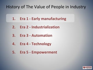 History of The Value of People in Industry
1. Era 1 - Early manufacturing
2. Era 2 - Industrialization
3. Era 3 - Automati...
