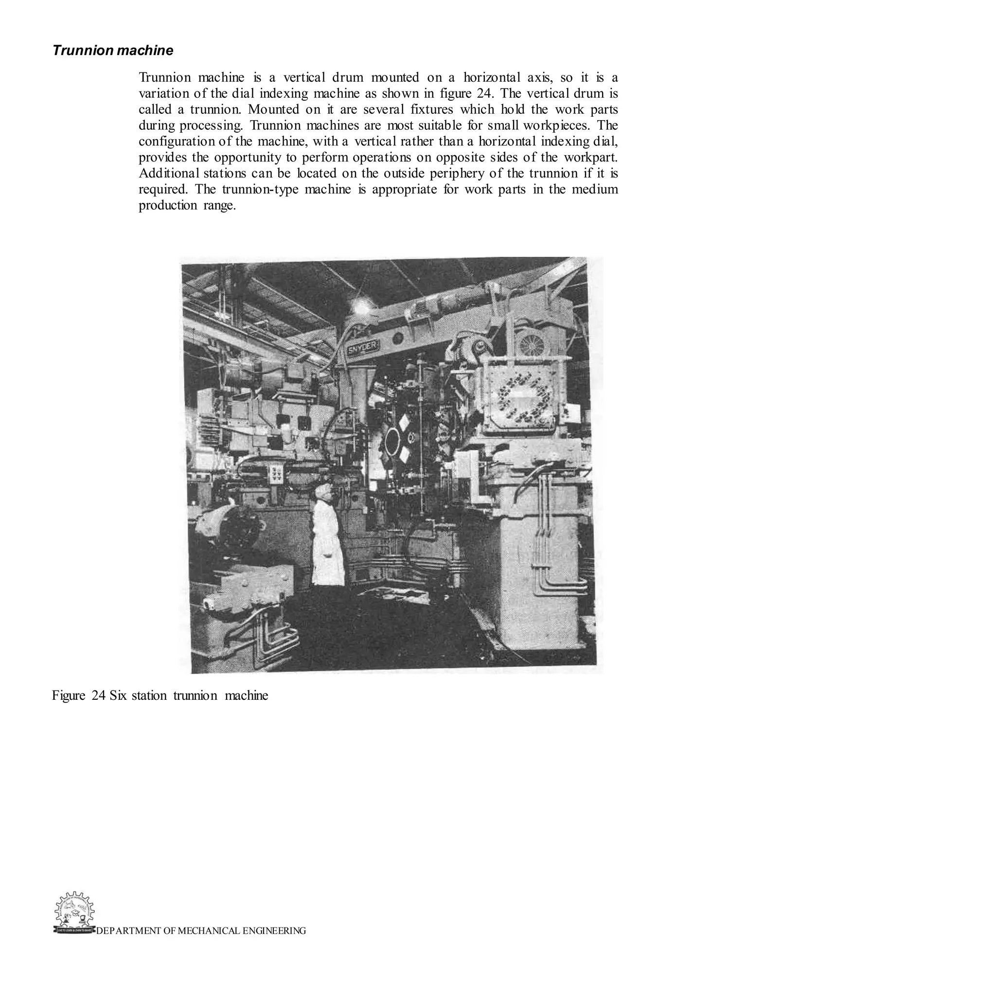 DEPARTMENT OF MECHANICAL ENGINEERING
Trunnion machine
Trunnion machine is a vertical drum mounted on a horizontal axis, so it is a
variation of the dial indexing machine as shown in figure 24. The vertical drum is
called a trunnion. Mounted on it are several fixtures which hold the work parts
during processing. Trunnion machines are most suitable for small workpieces. The
configuration of the machine, with a vertical rather than a horizontal indexing dial,
provides the opportunity to perform operations on opposite sides of the workpart.
Additional stations can be located on the outside periphery of the trunnion if it is
required. The trunnion-type machine is appropriate for work parts in the medium
production range.
Figure 24 Six station trunnion machine
 
