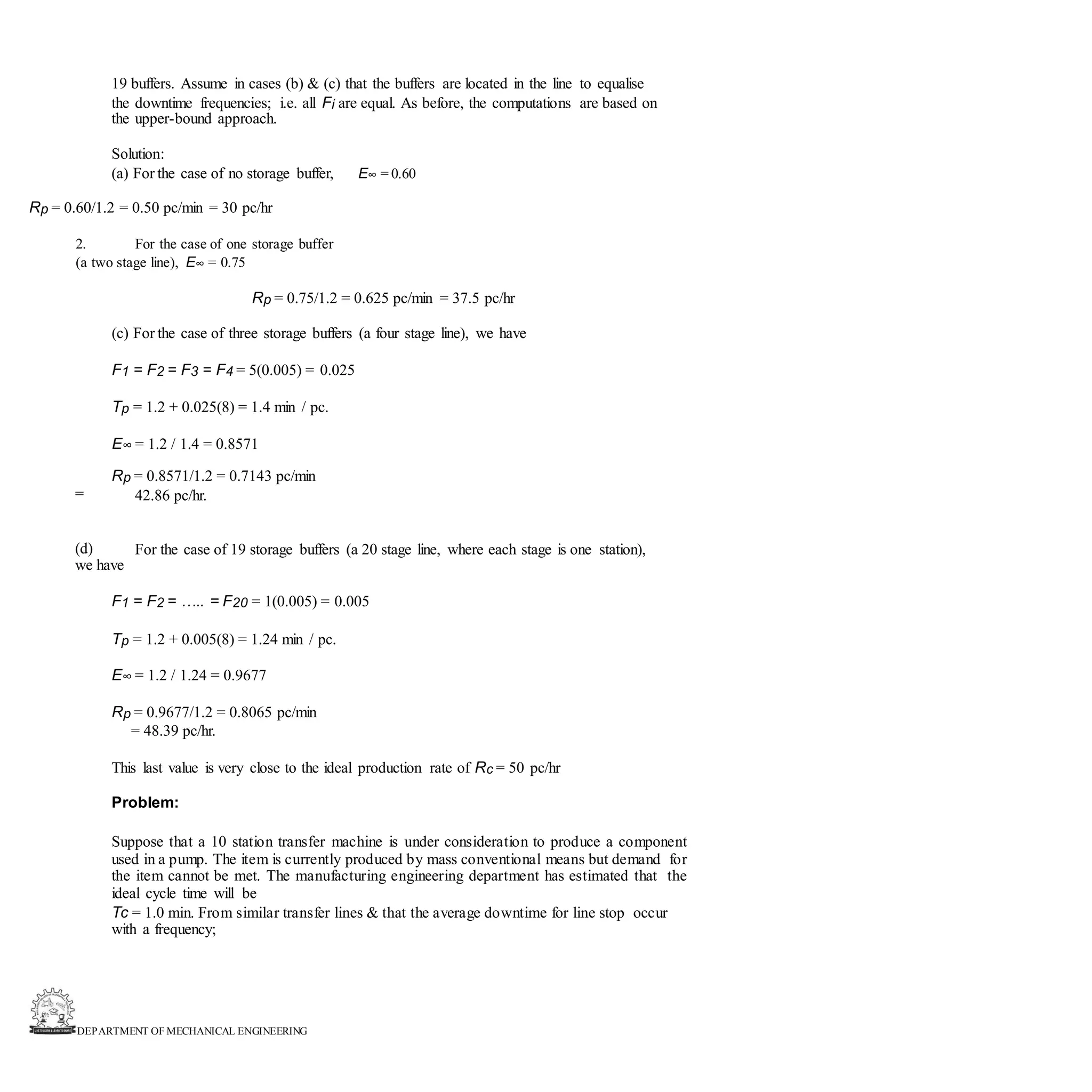DEPARTMENT OF MECHANICAL ENGINEERING
19 buffers. Assume in cases (b) & (c) that the buffers are located in the line to equalise
the downtime frequencies; i.e. all Fi are equal. As before, the computations are based on
the upper-bound approach.
Solution:
(a) For the case of no storage buffer, E∞ = 0.60
Rp = 0.60/1.2 = 0.50 pc/min = 30 pc/hr
2. For the case of one storage buffer
(a two stage line), E∞ = 0.75
Rp = 0.75/1.2 = 0.625 pc/min = 37.5 pc/hr
(c) For the case of three storage buffers (a four stage line), we have
F1 = F2 = F3 = F4 = 5(0.005) = 0.025
Tp = 1.2 + 0.025(8) = 1.4 min / pc.
E∞ = 1.2 / 1.4 = 0.8571
Rp = 0.8571/1.2 = 0.7143 pc/min
42.86 pc/hr.
=
(d)
we have
For the case of 19 storage buffers (a 20 stage line, where each stage is one station),
F1 = F2 = ….. = F20 = 1(0.005) = 0.005
Tp = 1.2 + 0.005(8) = 1.24 min / pc.
E∞ = 1.2 / 1.24 = 0.9677
Rp = 0.9677/1.2 = 0.8065 pc/min
= 48.39 pc/hr.
This last value is very close to the ideal production rate of Rc = 50 pc/hr
Problem:
Suppose that a 10 station transfer machine is under consideration to produce a component
used in a pump. The item is currently produced by mass conventional means but demand for
the item cannot be met. The manufacturing engineering department has estimated that the
ideal cycle time will be
Tc = 1.0 min. From similar transfer lines & that the average downtime for line stop occur
with a frequency;
 