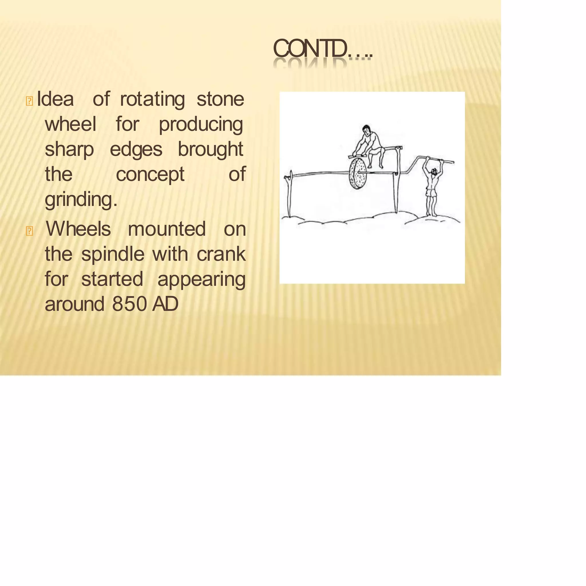 CONTD….
Idea of rotating stone
for producing
edges brought
wheel
sharp
the concept of
grinding.
Wheels mounted on
the spindle with crank
for started appearing
around 850 AD
 