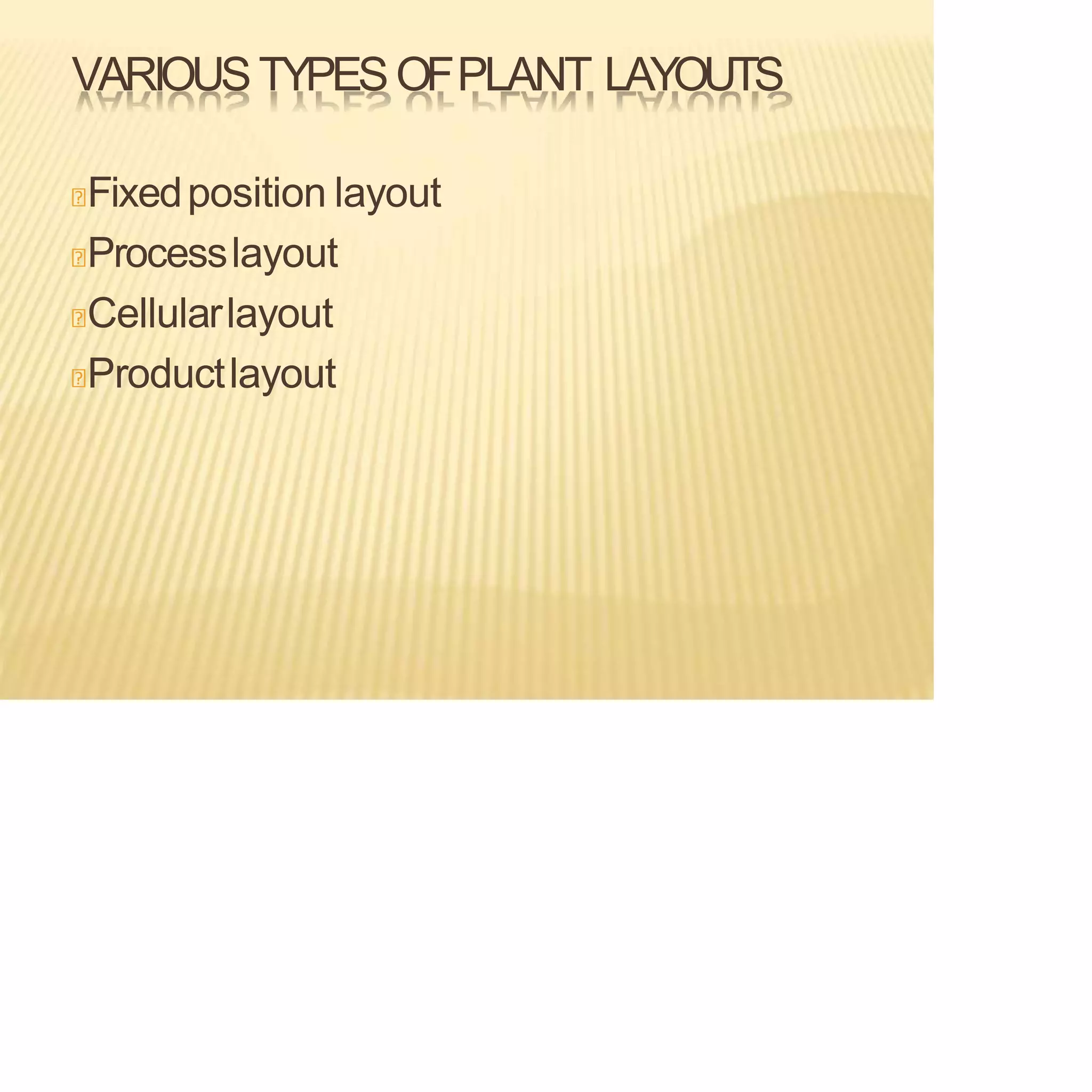 VARIOUSTYPESOFPLANT LAYOUTS
Fixedposition layout
Processlayout
Cellularlayout
Productlayout
 