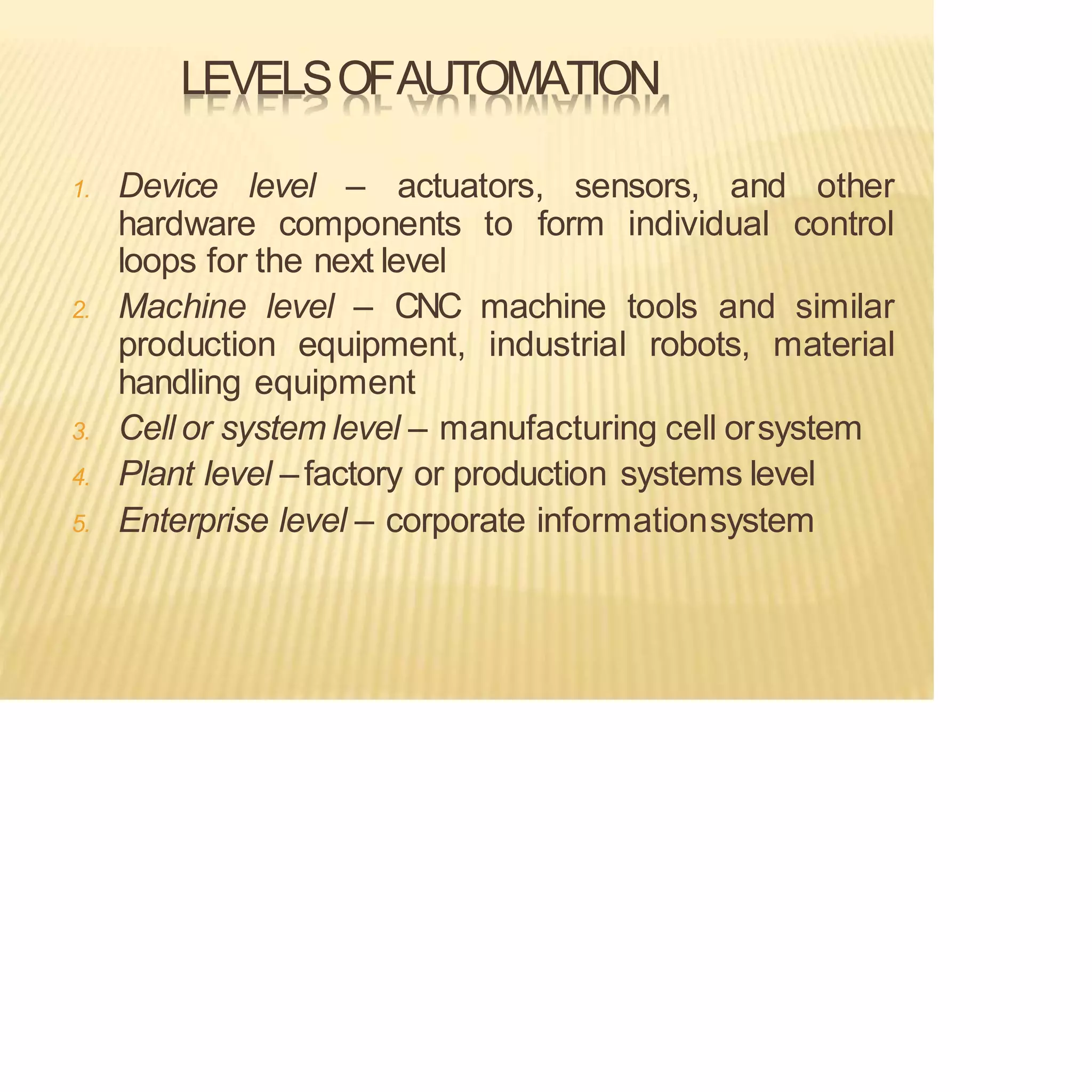 LEVELSOFAUTOMATION
1. Device level – actuators, sensors, and other
hardware components to form individual control
loops for the next level
2. Machine level – CNC machine tools and similar
production equipment, industrial robots, material
handling equipment
3. Cell or system level – manufacturing cell orsystem
4. Plant level –factory or production systems level
5. Enterprise level – corporate informationsystem
 