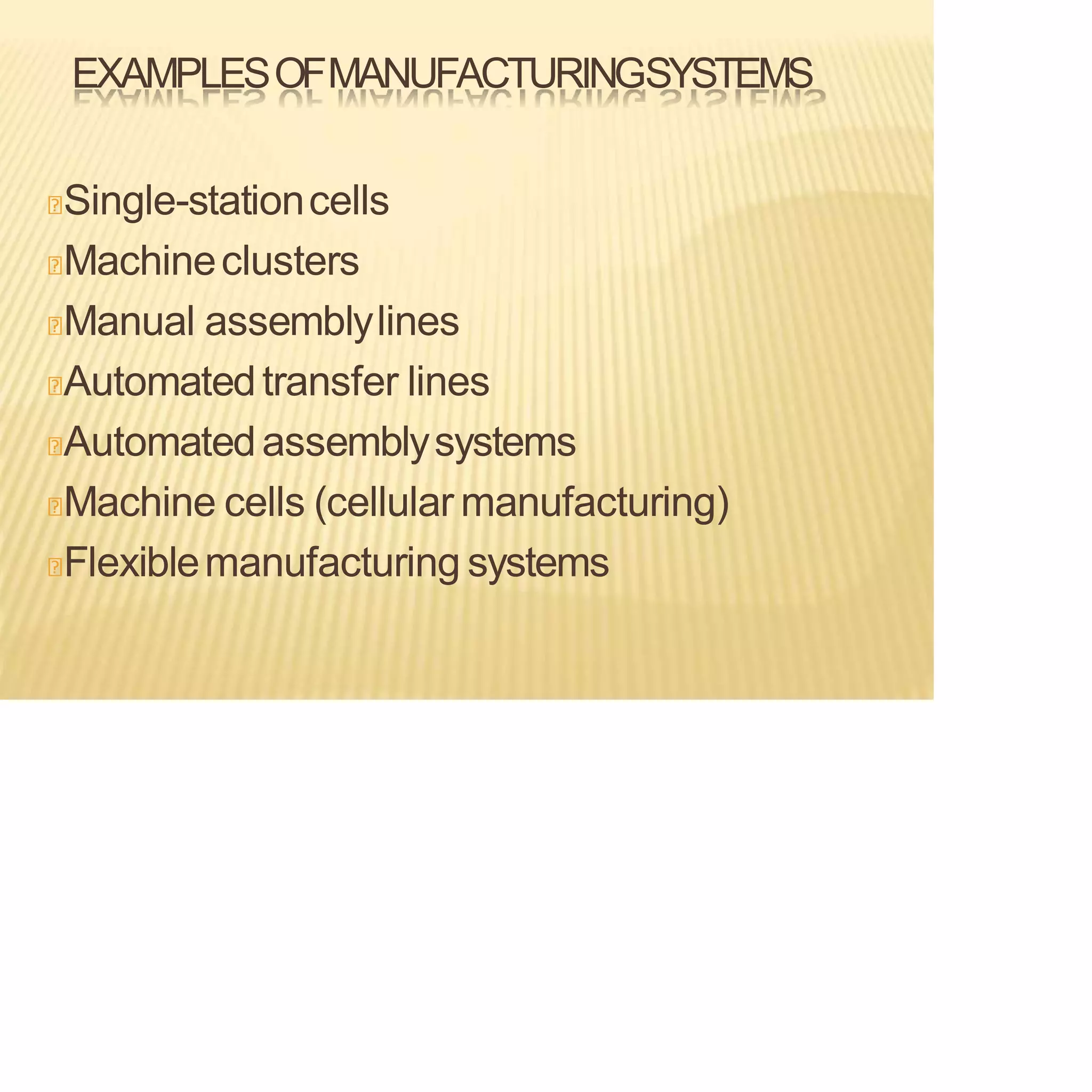 EXAMPLESOFMANUFACTURINGSYSTEMS
Single-stationcells
Machineclusters
Manual assemblylines
Automatedtransfer lines
Automatedassemblysystems
Machine cells (cellular manufacturing)
Flexiblemanufacturing systems
 