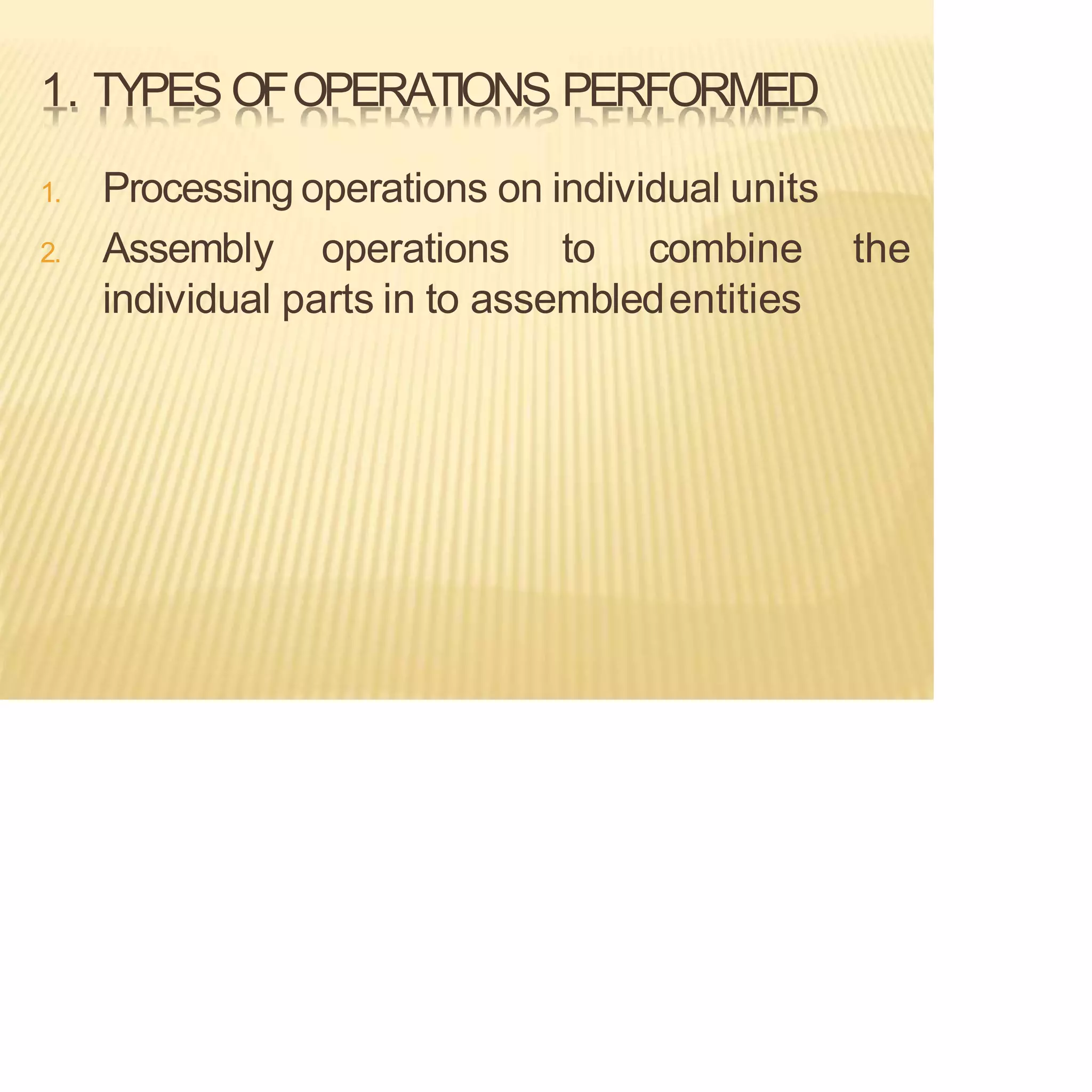 1. TYPES OFOPERATIONS PERFORMED
1. Processing operations on individual units
2. Assembly operations to combine the
individual parts in to assembledentities
 
